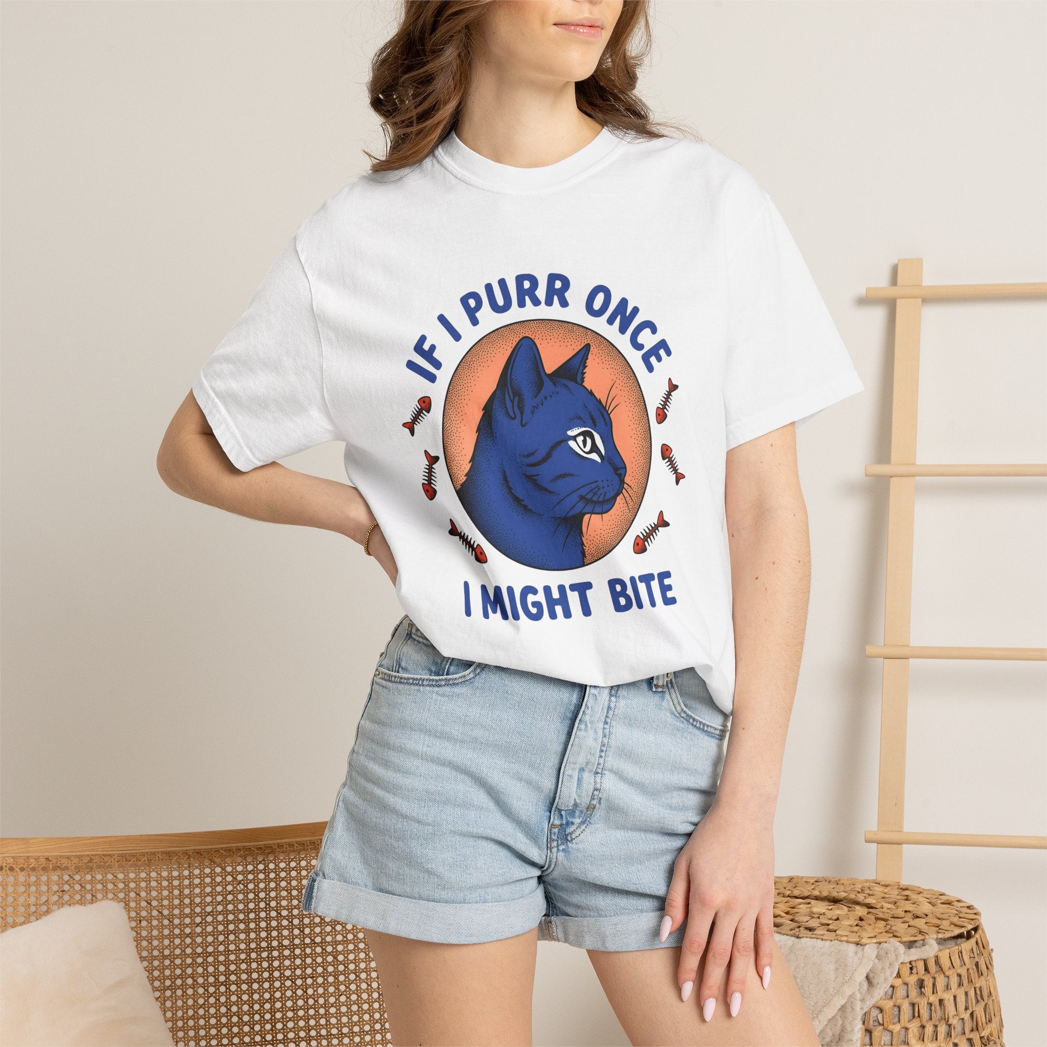 Blue Feline Artwork Shirt Cat Comedy Gift Women Colorful Tee Cat T-Shirt Cat Fan Fancy Tshirt Humor Graphic Classic Fish Spine Tshirt