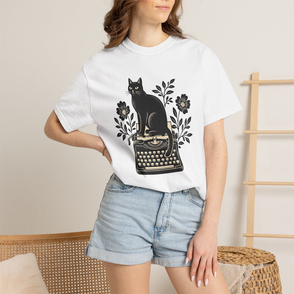 Black Cat Typewriter Shirt Cat Botanical Gift Women Hand Drawn Tee Cat T-Shirt Cat Fan Feline Tshirt Floral Graphic Line Art Flower Bouquet