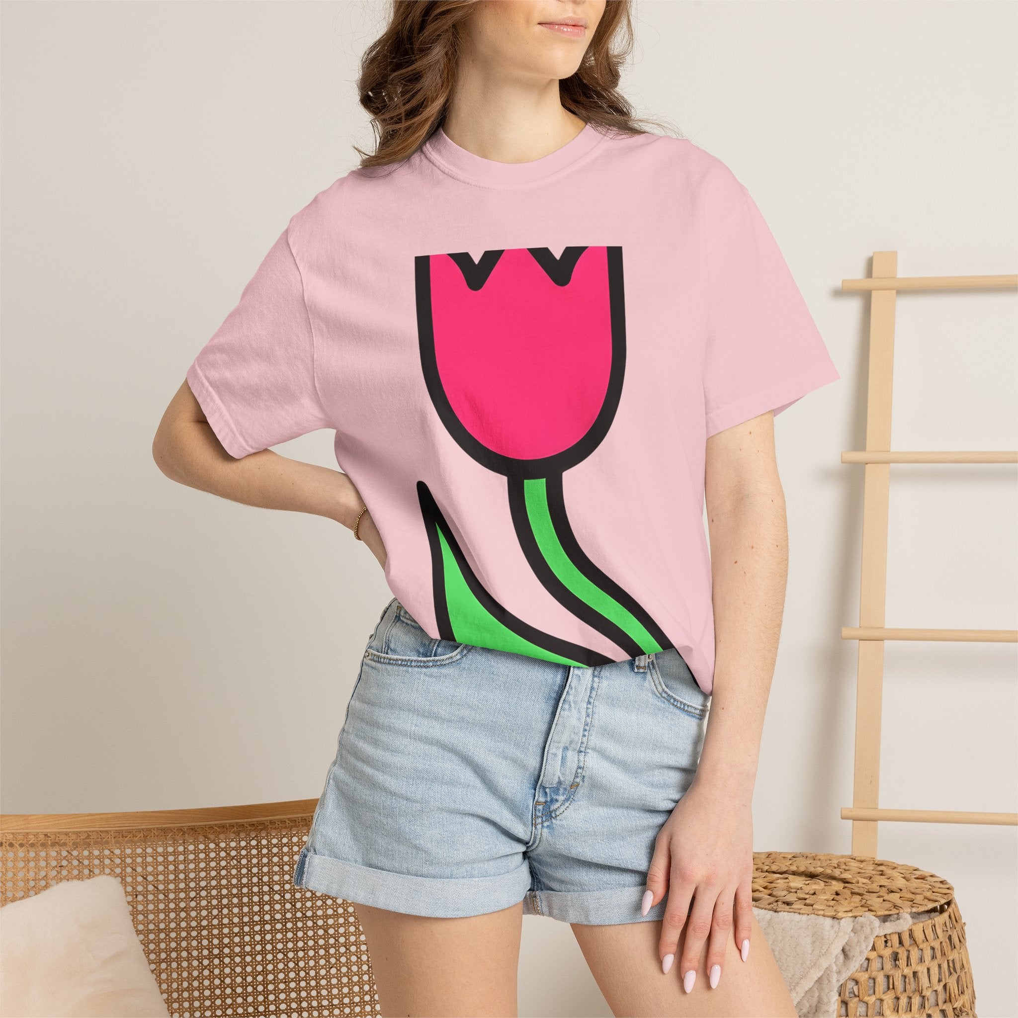 Tulip Bloom Shirt Easter Blossoms Gift Women Simple Tee Tulip T-Shirt Spring Fan Floral Tshirt Flower Graphic Contemporary Leafy Stem Tshirt
