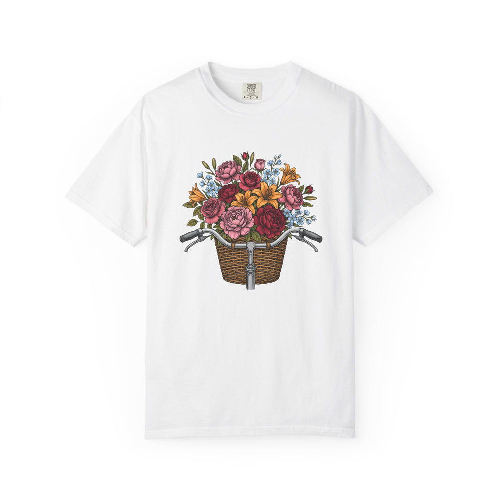 Cycle Basket Flowers Shirt Easter Petals Gift Women Floral Drawing Tee Bicycle Basket T-Shirt Spring Fan Floral Art Tshirt Floral Design