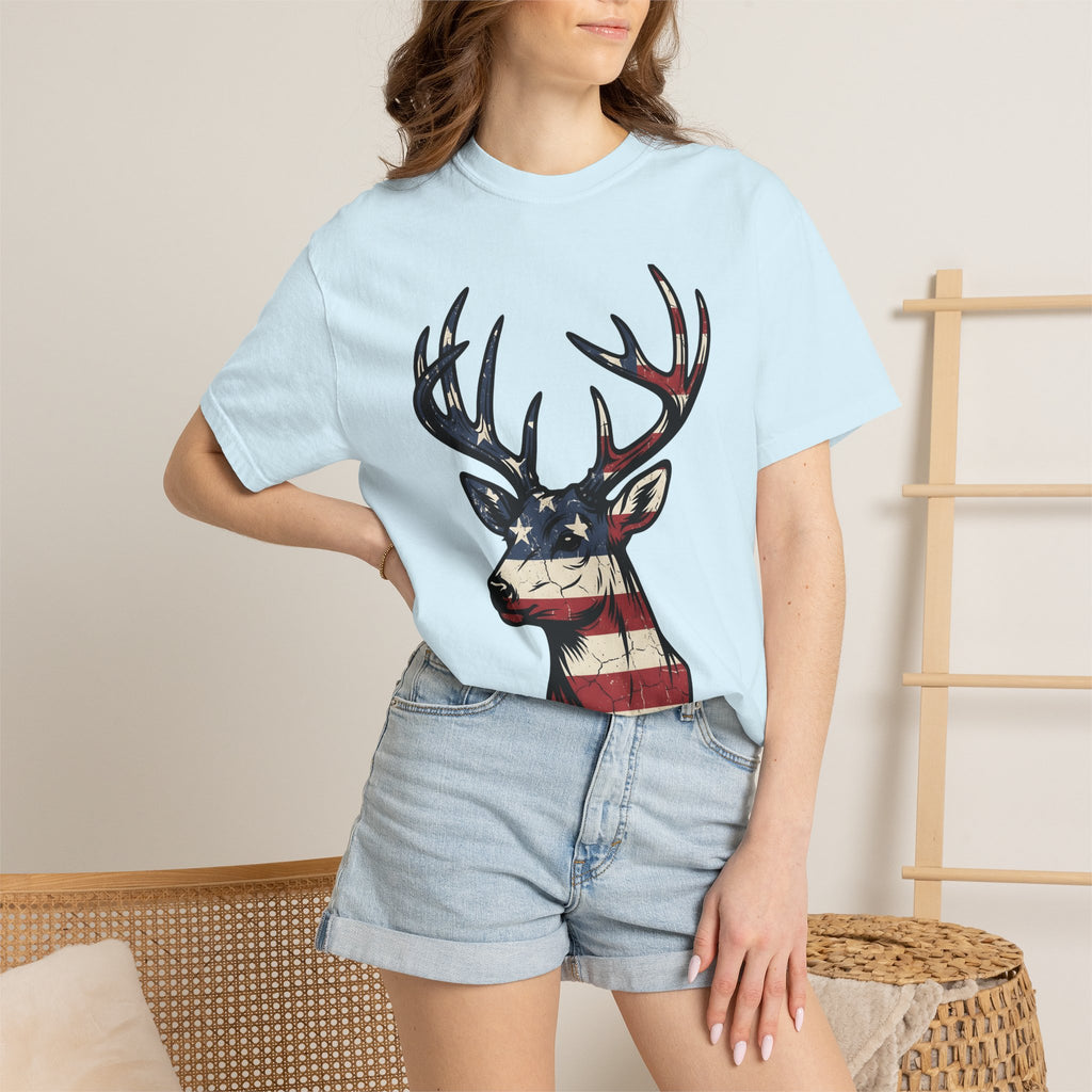 Deer Head Shirt America Outdoors Gift Women Patriotic Tee Buck T-Shirt American Enthusiast Star Spangled Tshirt Wilderness Graphic Vintage