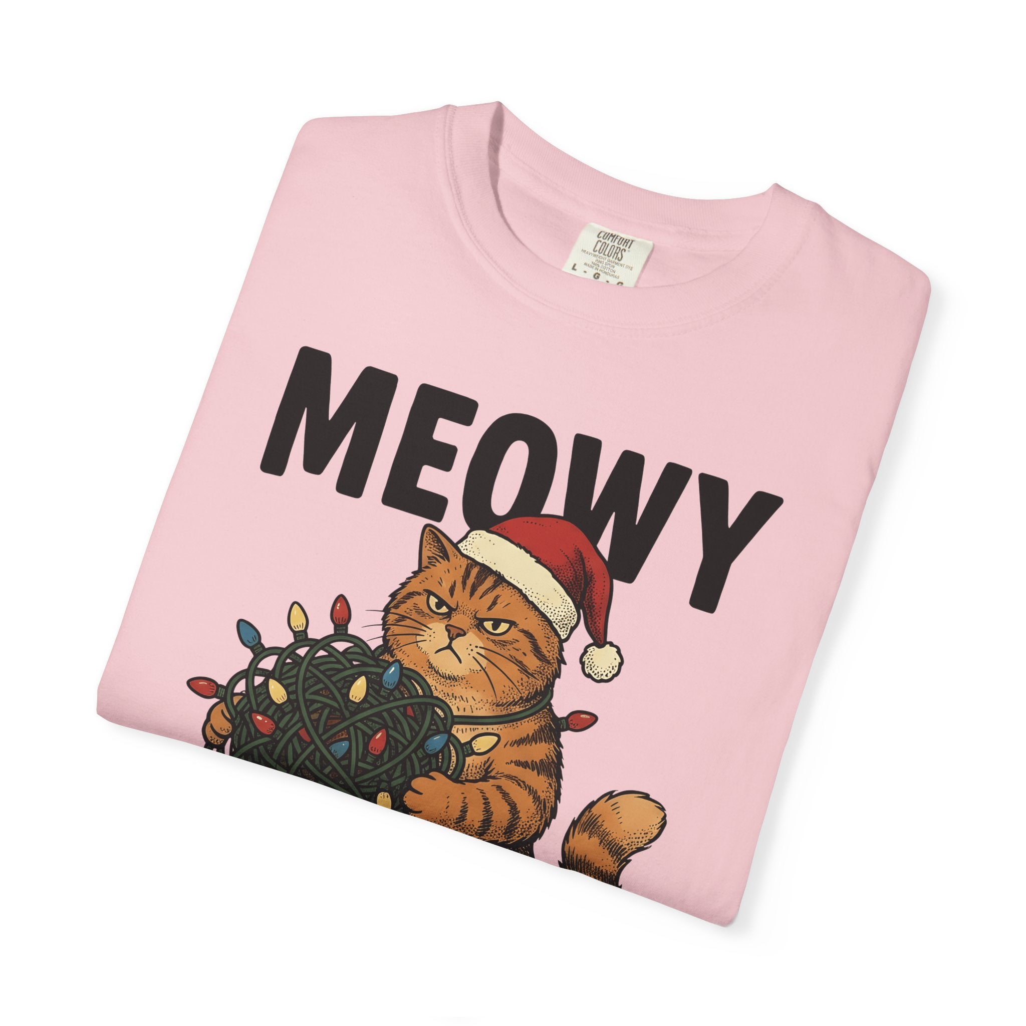 Cat Christmas Hat Shirt Christmas Critters Gift Women Line Art Tee Kitty T-Shirt Christmas Fan Feline Tshirt Animal Graphic Illustration