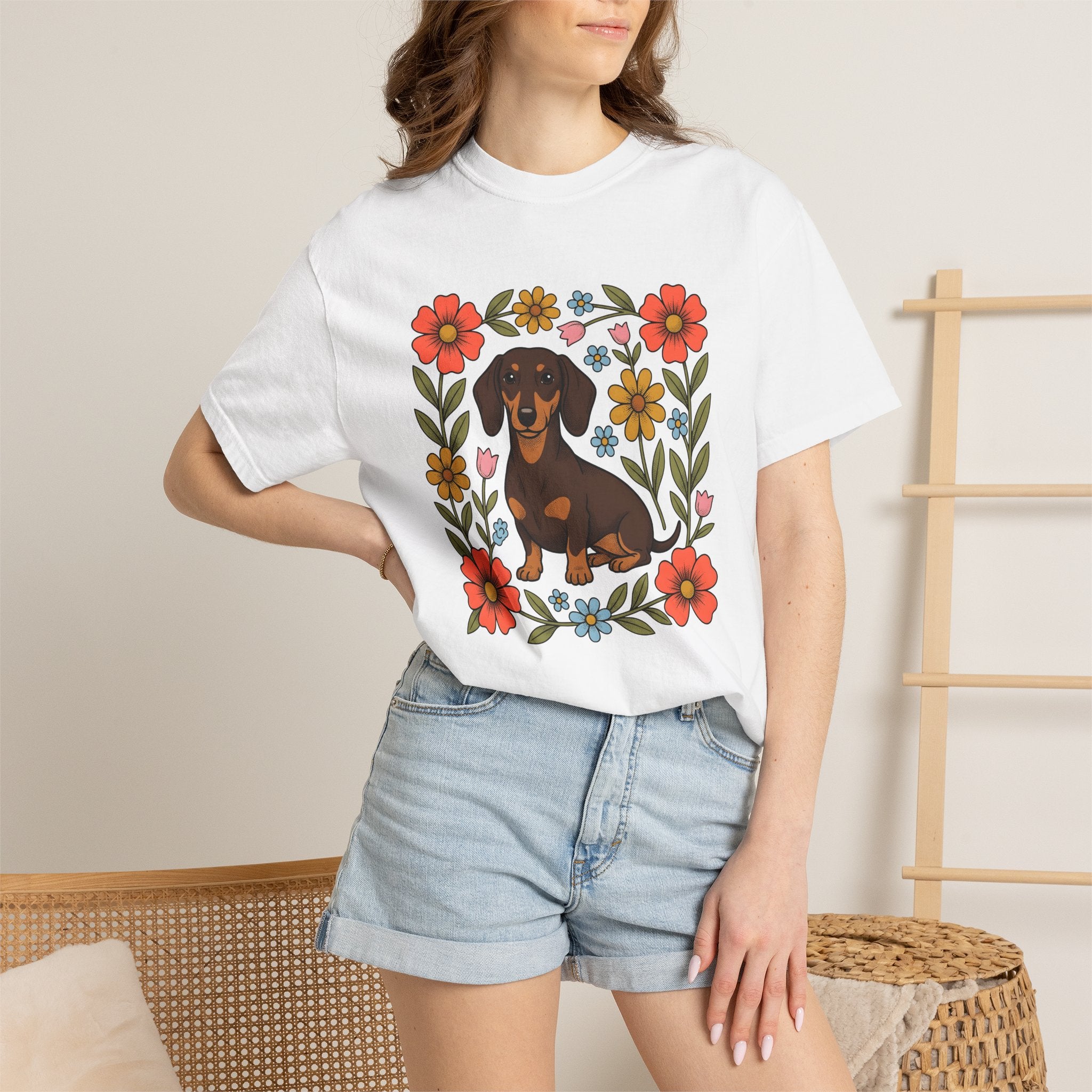 Dachshund Hound Shirt Dog Garden Gift Women Ethnic Tee Wiener Dog T-Shirt Dog Fan Tribal Tshirt Yard Graphic Antique Garland Frame Tshirt