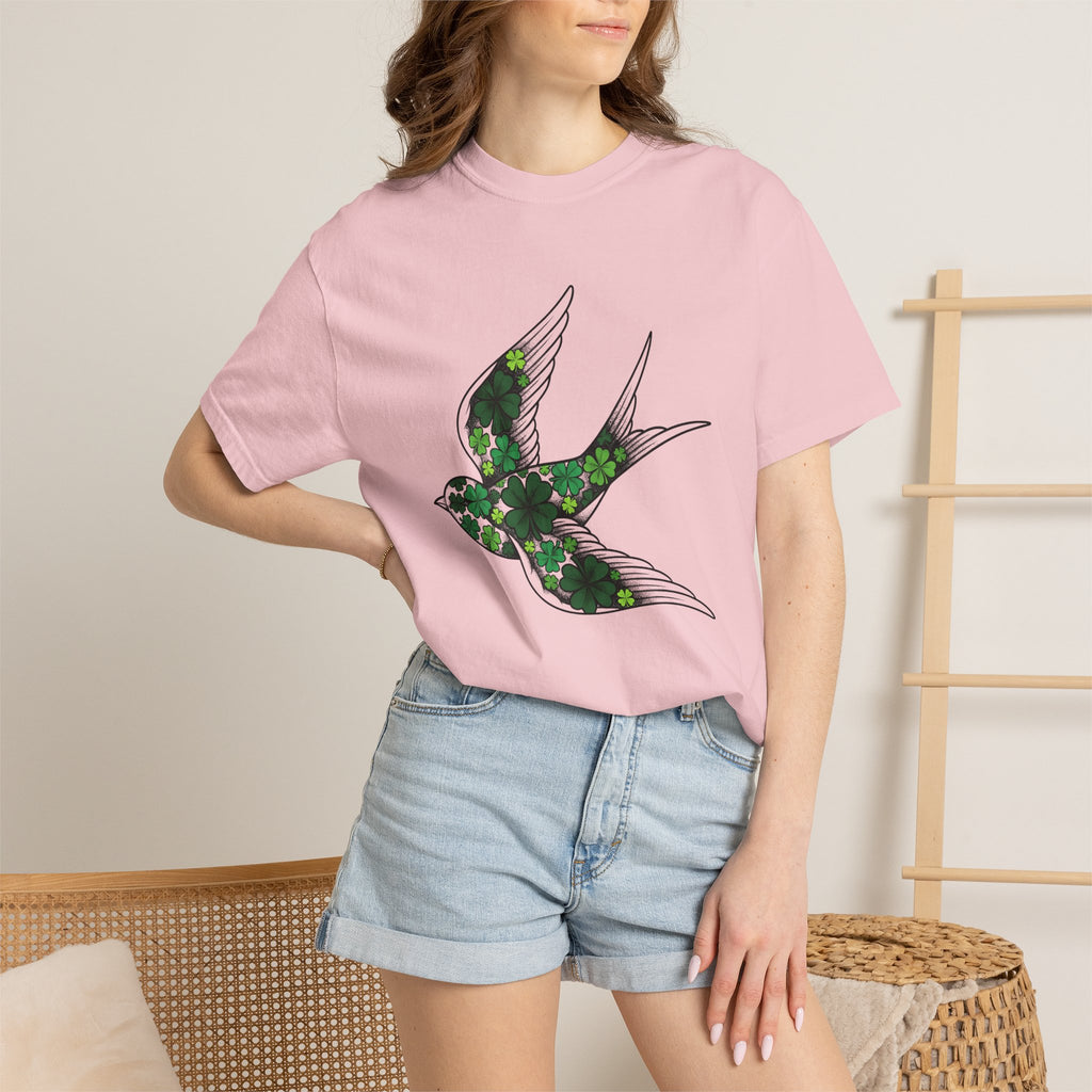 Small Bird Clover Shirt St Patrick's Day Destiny Gift Women Hand Drawn Tee Sparrow T-Shirt Shamrock Fan Illustrated Tshirt Fate Graphic