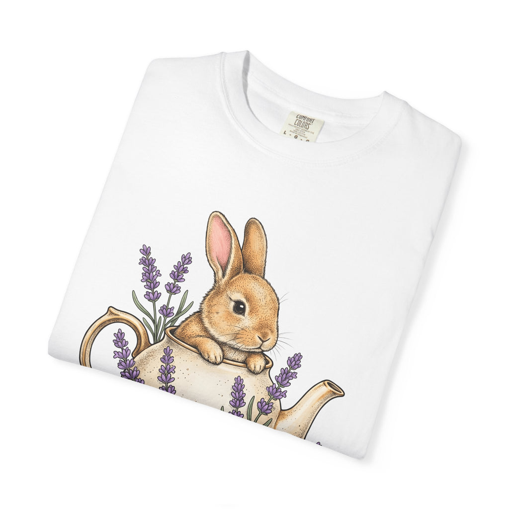 Bunny Kettle Shirt Animals & Flowers Rustic Gift Women Flower Tee Tea Kettle T-Shirt Floral Fan Botanical Tshirt Country Graphic Hand Drawn