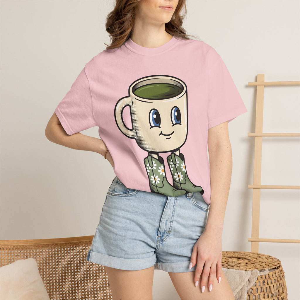 Coffee Mug Mascot Shirt Coffee Cowgirl Gift Women Cute Tee Mascot T-Shirt Coffee Fan Kawaii Tshirt Rodeo Graphic Comic Western Boots Tshirt