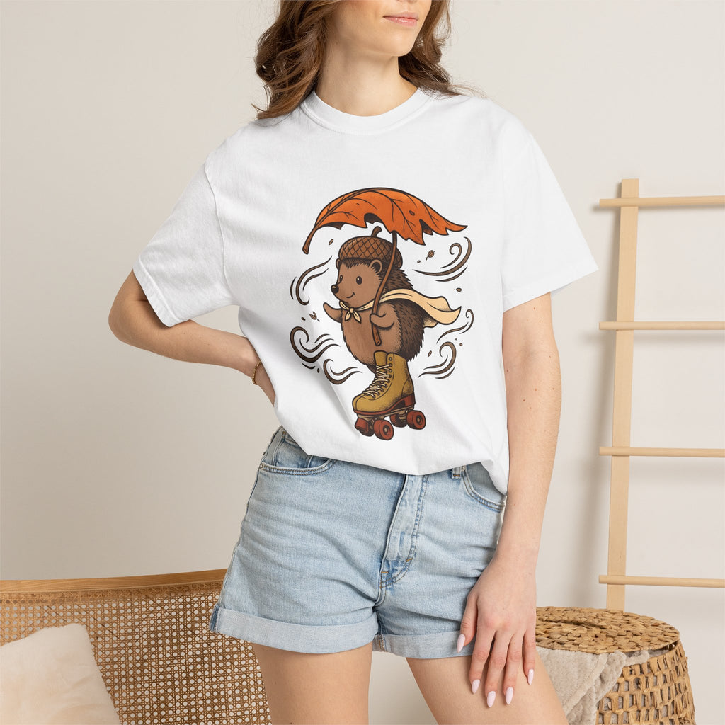 Spiny Hedgehog Skate Shirt Animals Foliage Gift Women Lovable Tee Hedgehog T-Shirt Wildlife Fan Cute Tshirt Foliage Graphic Sketch Leaf