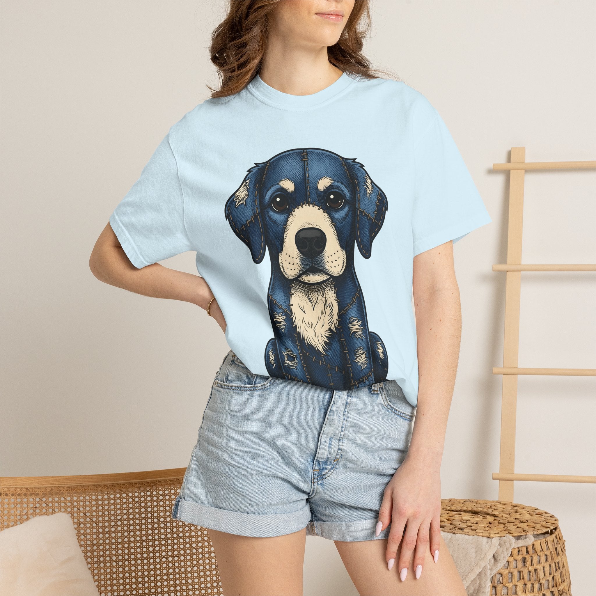 Patchwork Canine Shirt Dog Pet Gift Women Line Art Tee Dog T-Shirt Dog Fan Drawing Tshirt Animal Graphic Antiqued Denim Tshirt
