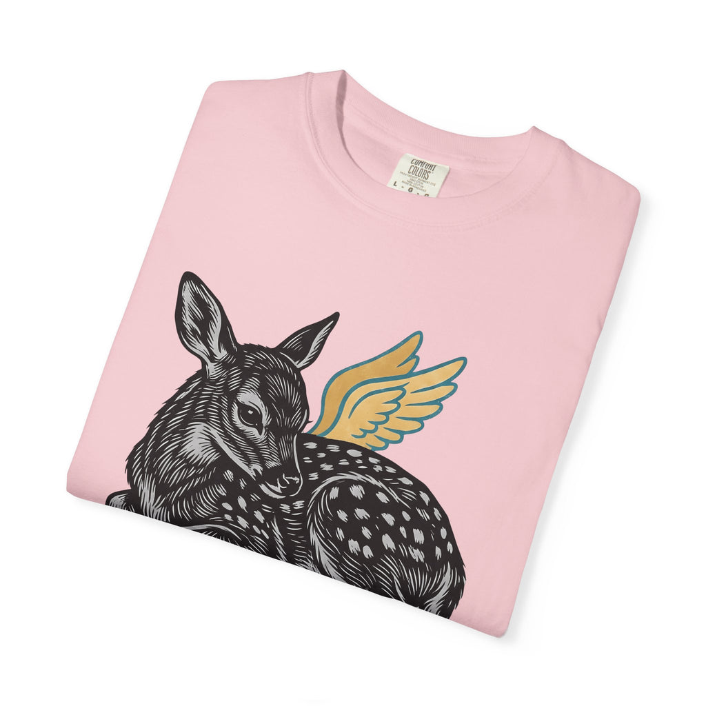 Fawn Shirt Animal Mythical Gift Women Linocut Tee Deer T-Shirt Wildlife Fan Print Illustration Retro Feathers Tshirt