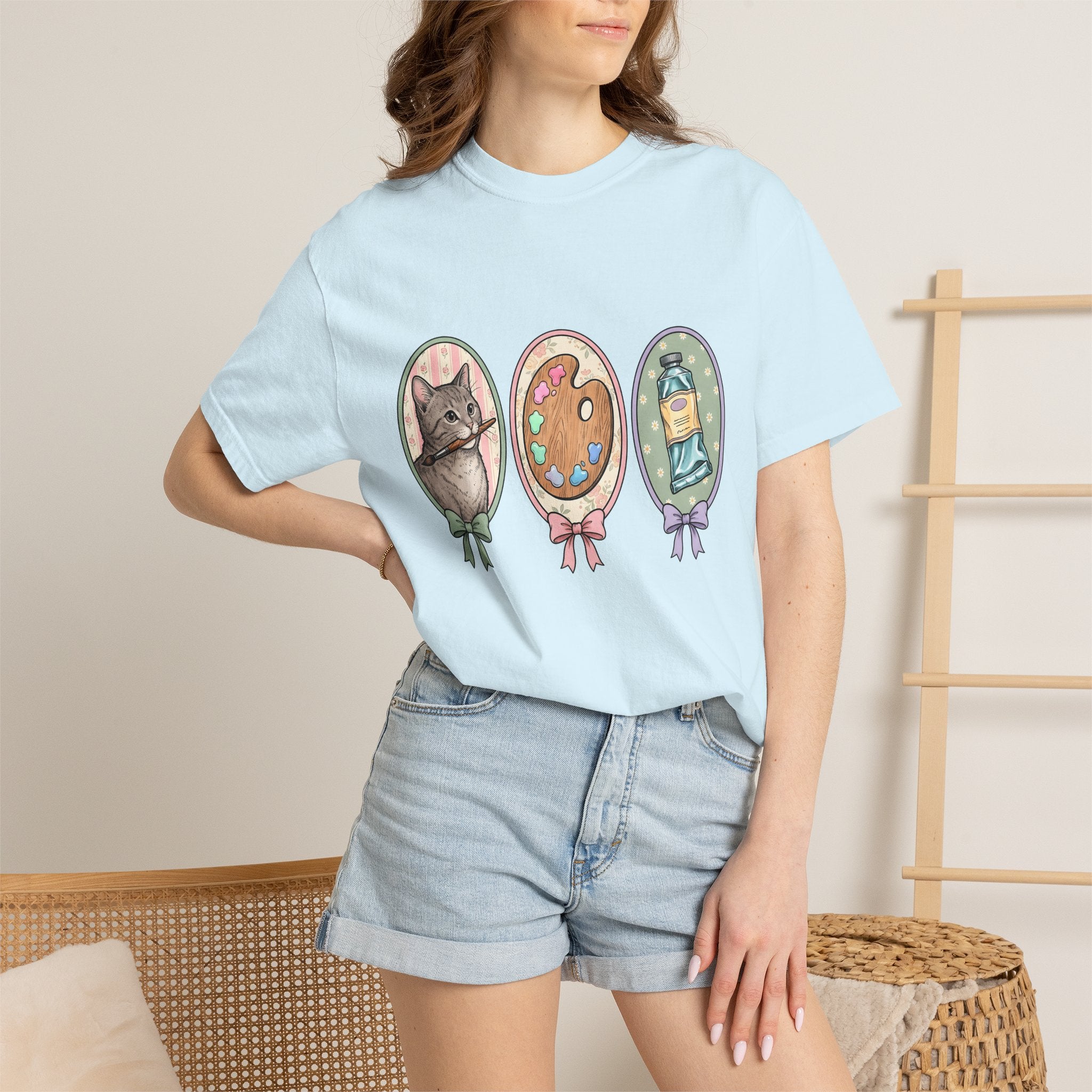 Kitten Brush Shirt Cat Painter Gift Women Retro Tee Cat Brush T-Shirt Cat Fan Feline Tshirt Artistic Graphic Painter Design Sketch Color
