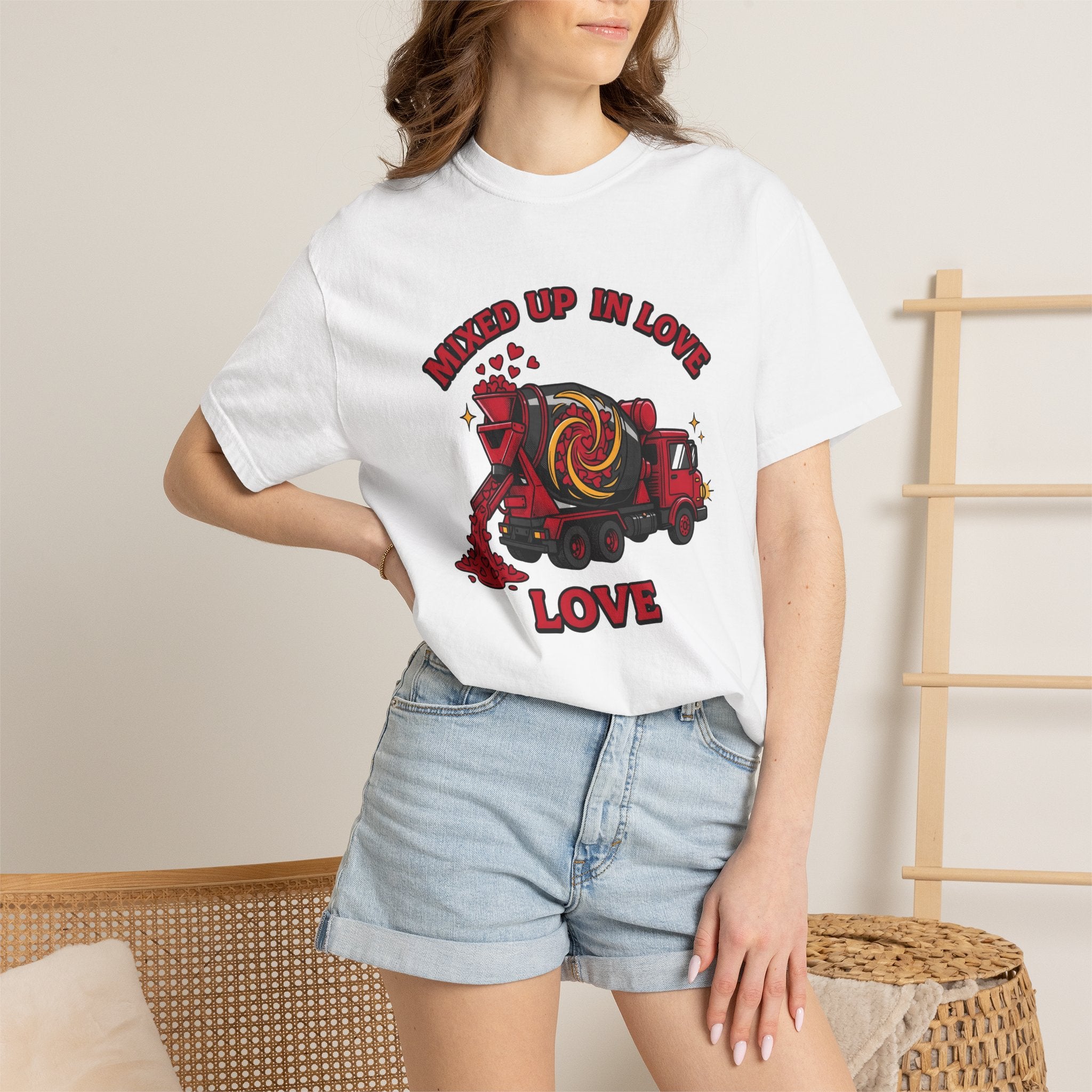 Concrete Truck Hearts Shirt St. Valentine's Day Satire Gift Women Line Art Tee Cement Mixer T-Shirt Valentines Fan Minimalist Tshirt