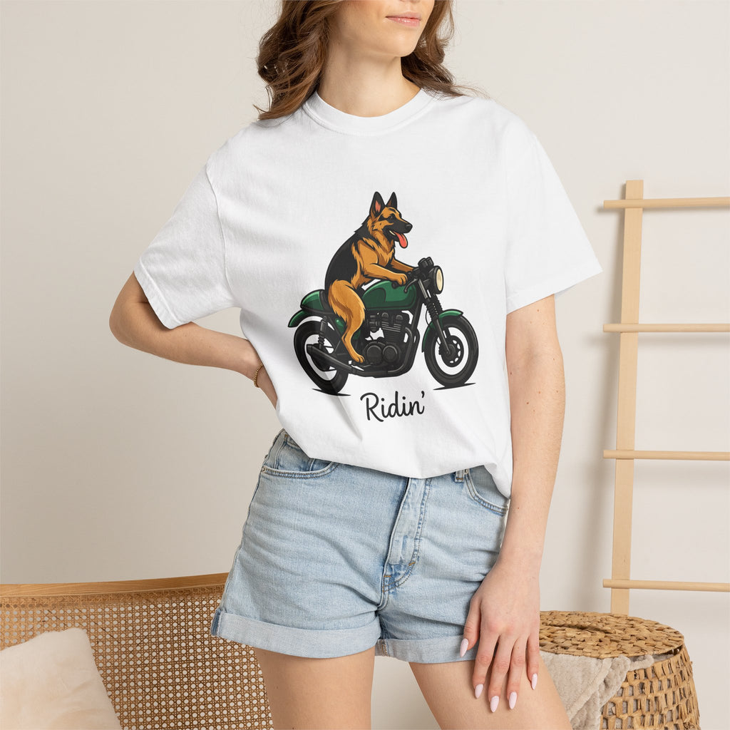 German Shepherd Motorcycle Shirt Dog Biker Gear Gift Women Animated Tee Shepherd Motorcycle T-Shirt Dog Fan Cartoon Tshirt Biker Graphic
