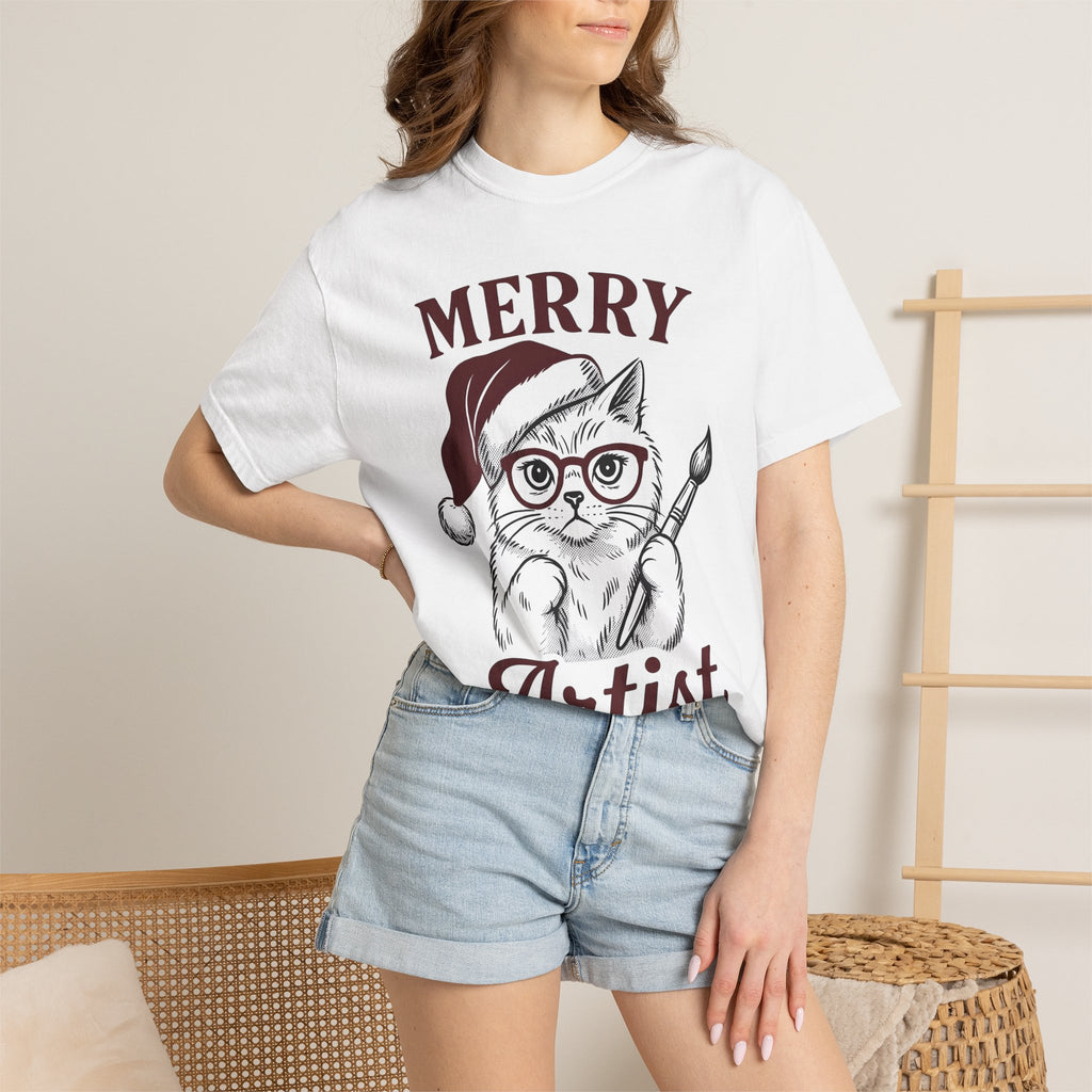 Cat Santa Hat Shirt Cat Christmas Gift Women Hand Drawn Tee Kitty Cat T-Shirt Feline Fan Illustrated Graphic Christmas Design Vintage