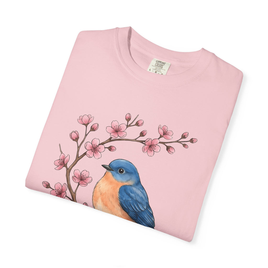 Bluebird Floral Shirt Easter Spring Gift Women Watercolor Tee Floral T-Shirt Easter Fan Painted Tshirt Seasonal Graphic Hand Drawn Cherry
