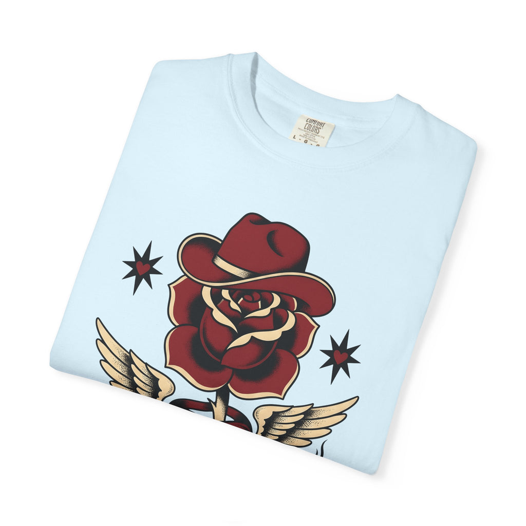 Rose Cowboy Hat Shirt Western Floral Gift Women Tattoo Tee Cowboy Hat T-Shirt Rodeo Fan Tattooed Tshirt Flower Graphic Vintage Wings Tshirt