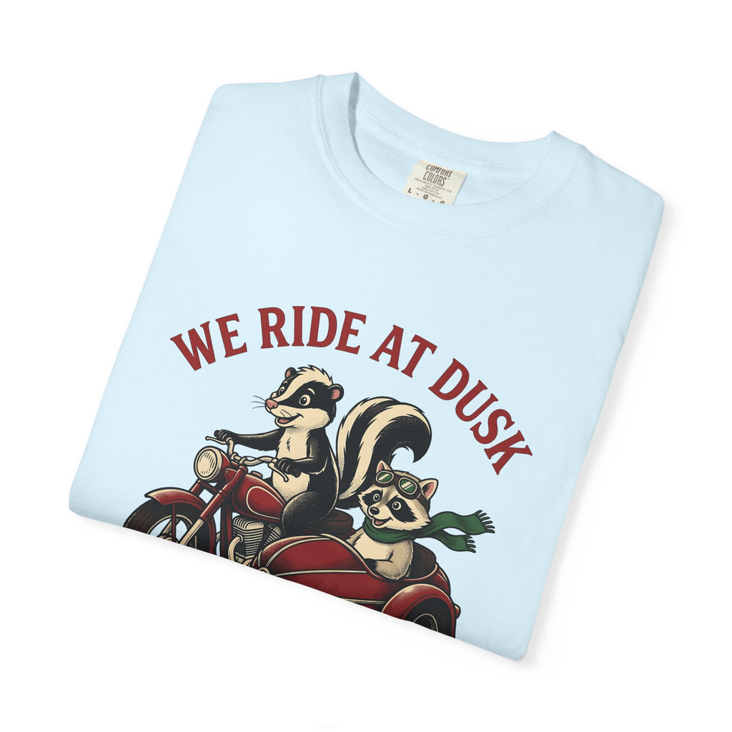 Skunk Raccoon Motorbike Shirt Funny Critter Gift Women Animated Tee Raccoon T-Shirt Humor Fan Cartoon Tshirt Animal Graphic Old School Side