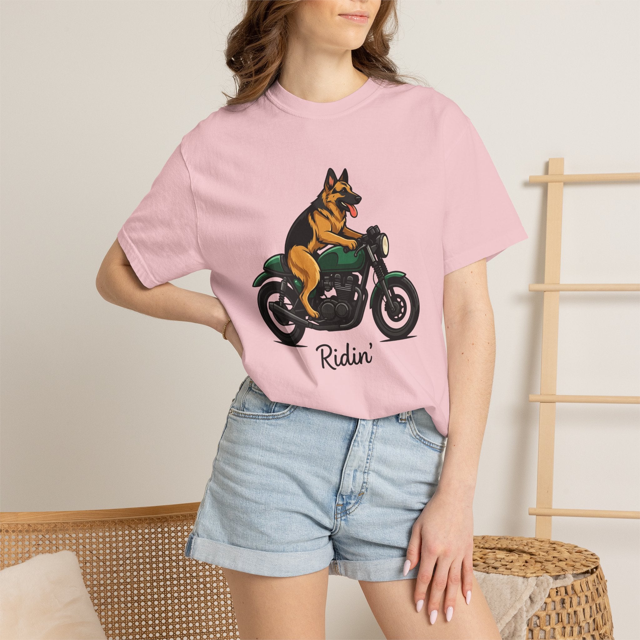 German Shepherd Motorcycle Shirt Dog Biker Gear Gift Women Animated Tee Shepherd Motorcycle T-Shirt Dog Fan Cartoon Tshirt Biker Graphic