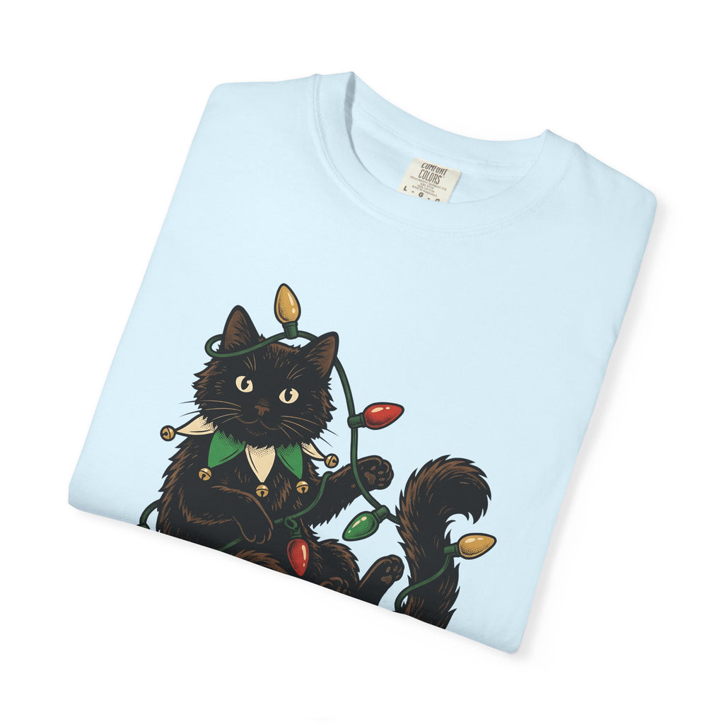 Black Cat Shirt Christmas Pet Gift Women Vintage Tee Cat T-Shirt Xmas Fan Retro Tshirt Animal Graphic Hand Drawn Christmas Lights Tshirt