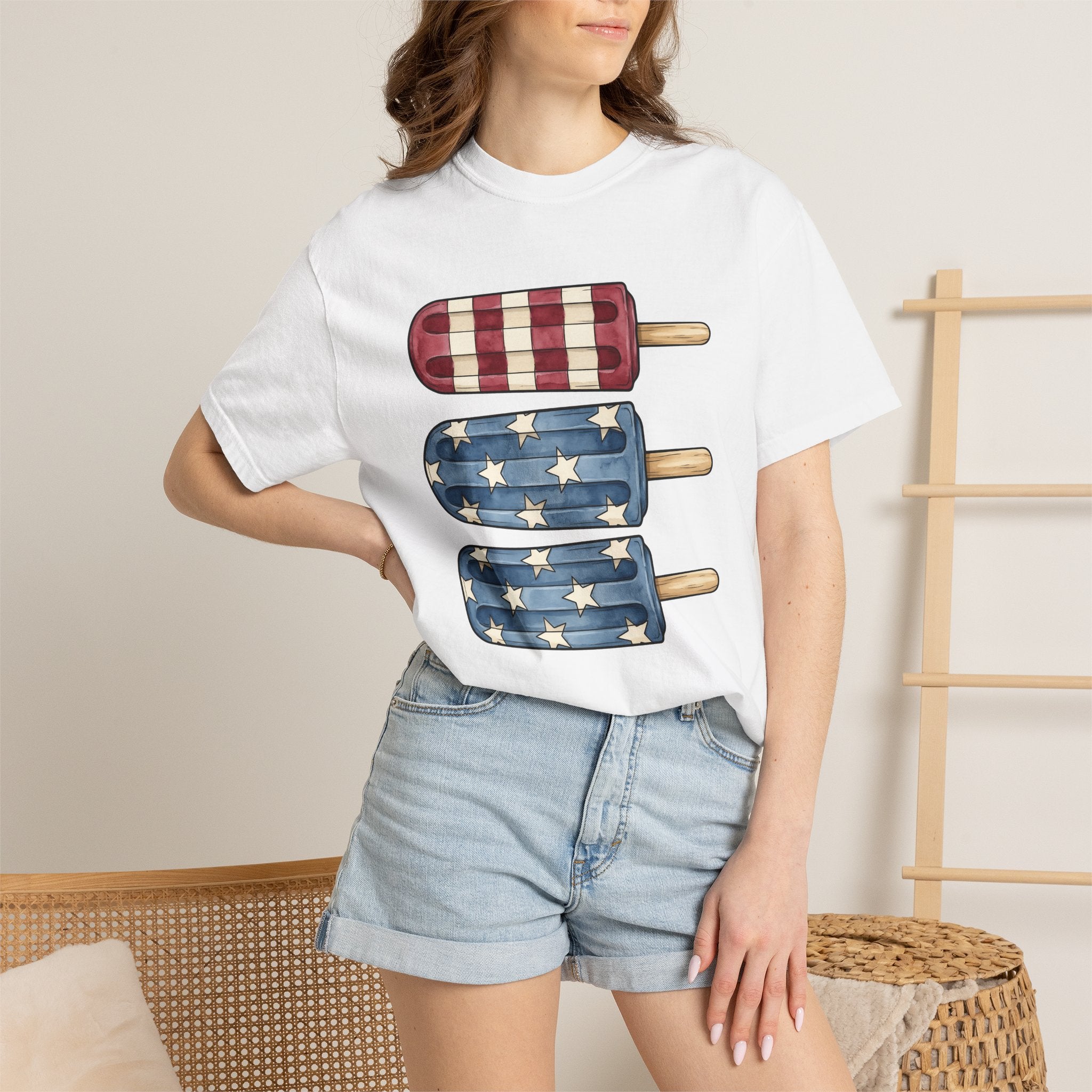 Patriotic Popsicles Shirt 4th Of July Summer Gift Women Watercolor Tee Ice Pops T-Shirt Independence Day Fan Popsicle Graphic Summer Design