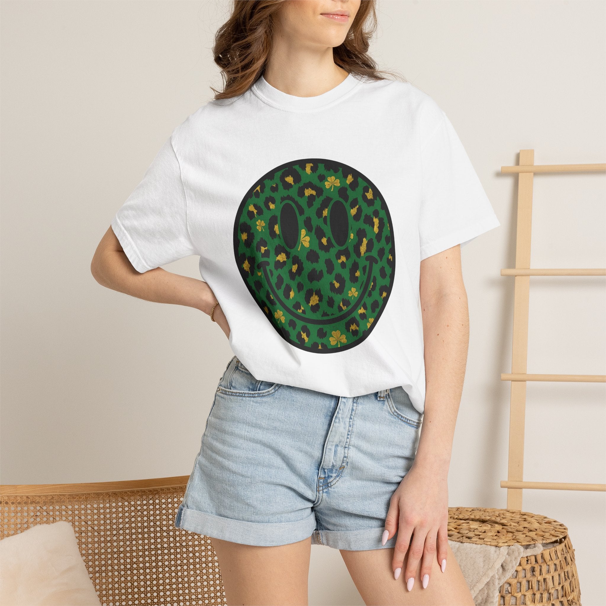 Smiley Face Shirt St Patrick's Day Animal Print Gift Women Leopard Print Tee Smiley T-Shirt St Patricks Fan Animal Print Graphic Tshirt