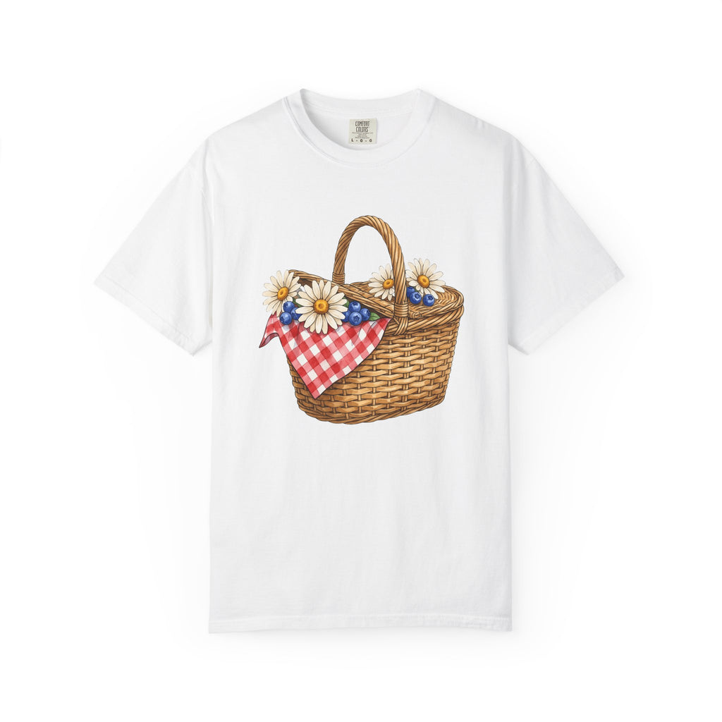 Picnic Basket Shirt 4th Of July Holiday Gift Women Sketch Tee Hamper T-Shirt Fireworks Fan Drawing Graphic Vintage Daisy Petals Tshirt
