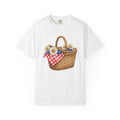 Picnic Basket Shirt 4th Of July Holiday Gift Women Sketch Tee Hamper T-Shirt Fireworks Fan Drawing Graphic Vintage Daisy Petals Tshirt