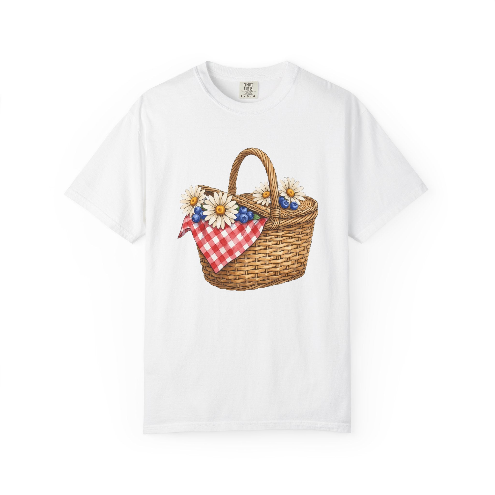 Picnic Basket Shirt 4th Of July Holiday Gift Women Sketch Tee Hamper T-Shirt Fireworks Fan Drawing Graphic Vintage Daisy Petals Tshirt