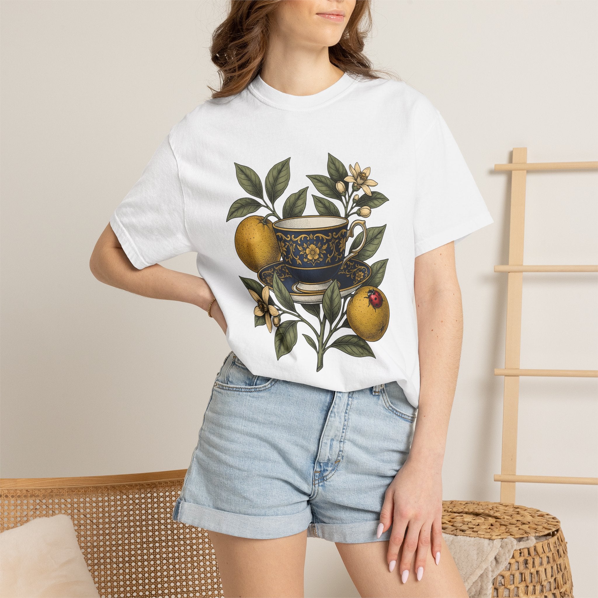 Tea Mug Flowers Shirt Coffee Plant Gift Women Retro Tee Mug T-Shirt Coffee Fan Vintage Tshirt Botanical Graphic Sketch Orange Slice Tshirt