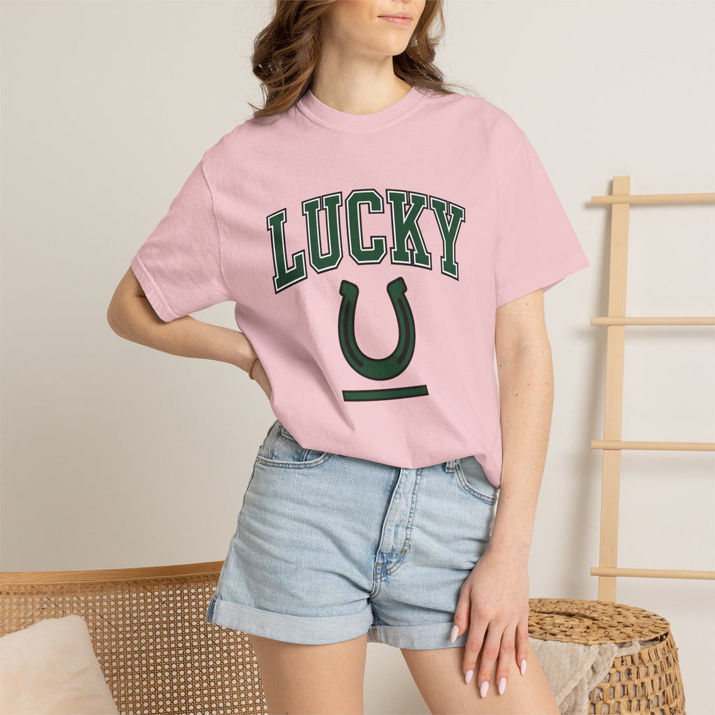 Horseshoe Graphic Shirt St Patricks Day Luck Gift Women Varsity Tee Horseshoe T-Shirt Lucky Fan Lucky Charm Graphic Design Minimalist Bold