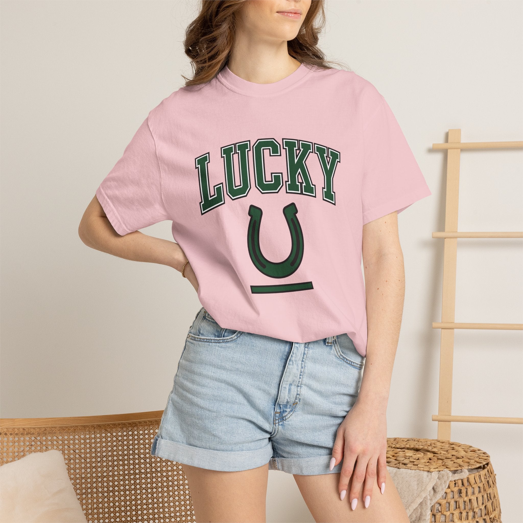 Horseshoe Graphic Shirt St Patricks Day Luck Gift Women Varsity Tee Horseshoe T-Shirt Lucky Fan Lucky Charm Graphic Design Minimalist Bold