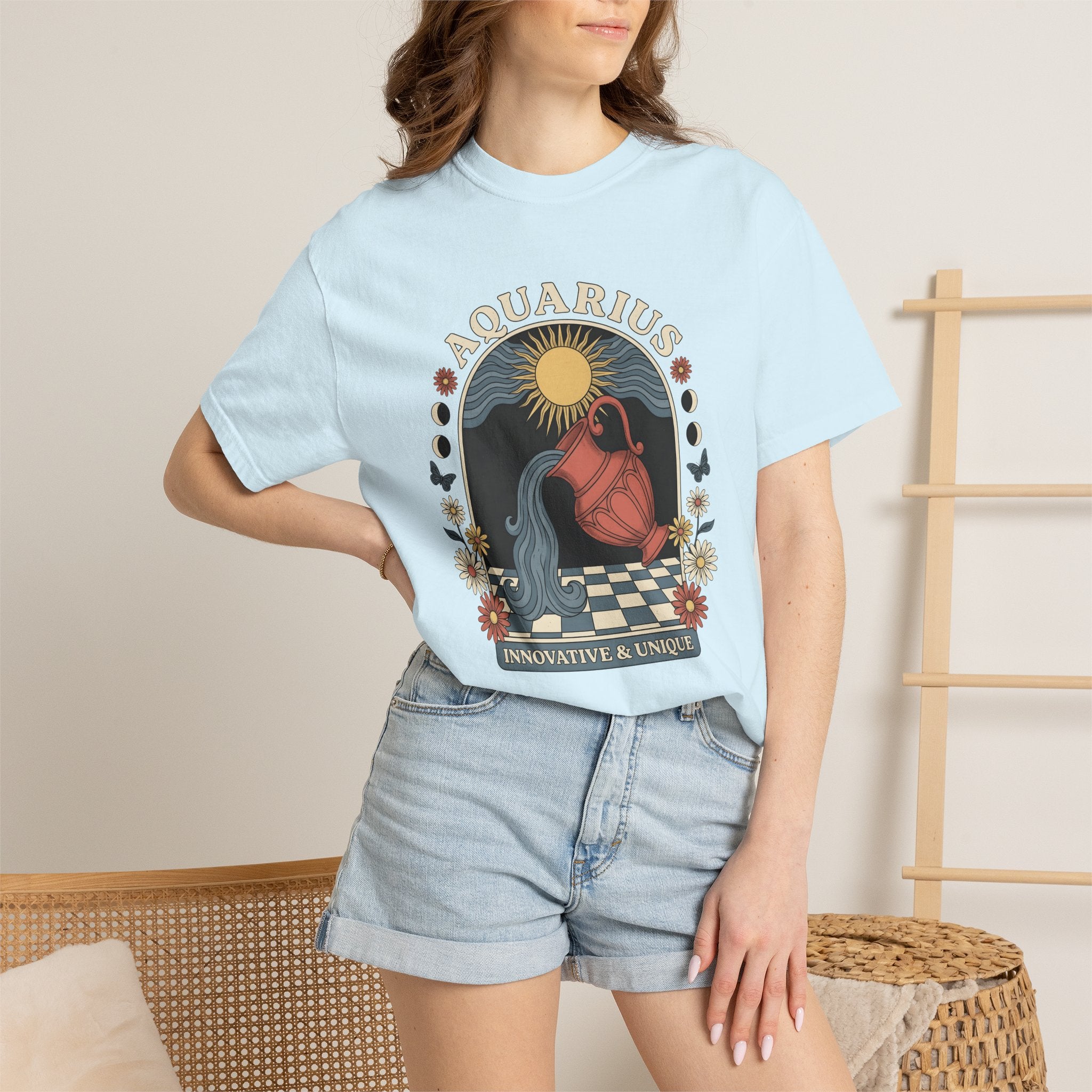 Aquarius Symbol Shirt Boho Chic Star Sign Gift Women Line Art Tee Water Bearer T-Shirt Bohemian Fan Minimalist Tshirt Zodiac Graphic Cartoon
