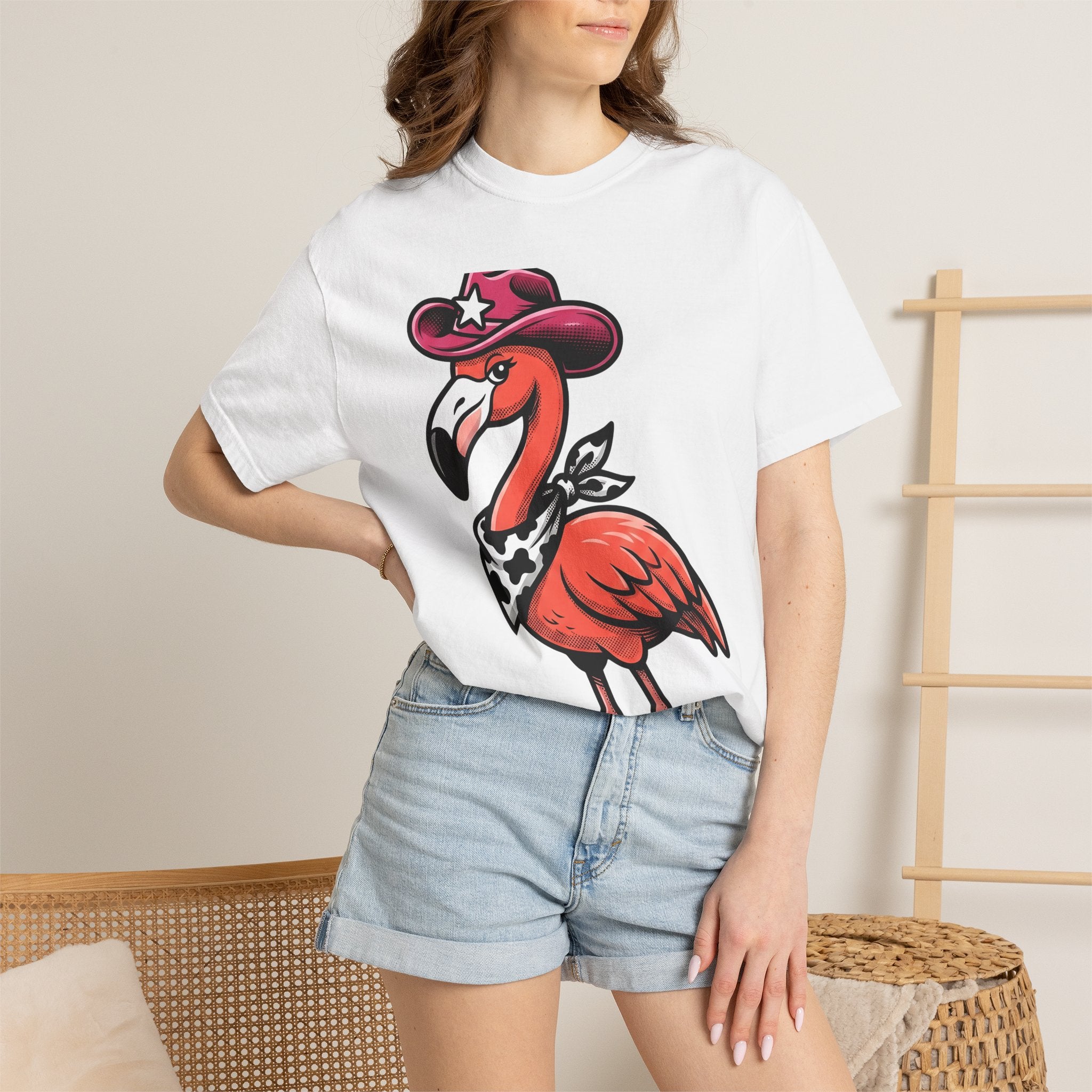 Flamingo Wrangler Shirt Cowgirl Fauna Gift Women Caricature Tee Flamingo T-Shirt Rodeo Fan Cartoon Tshirt Wildlife Graphic Hand Drawn Cowboy