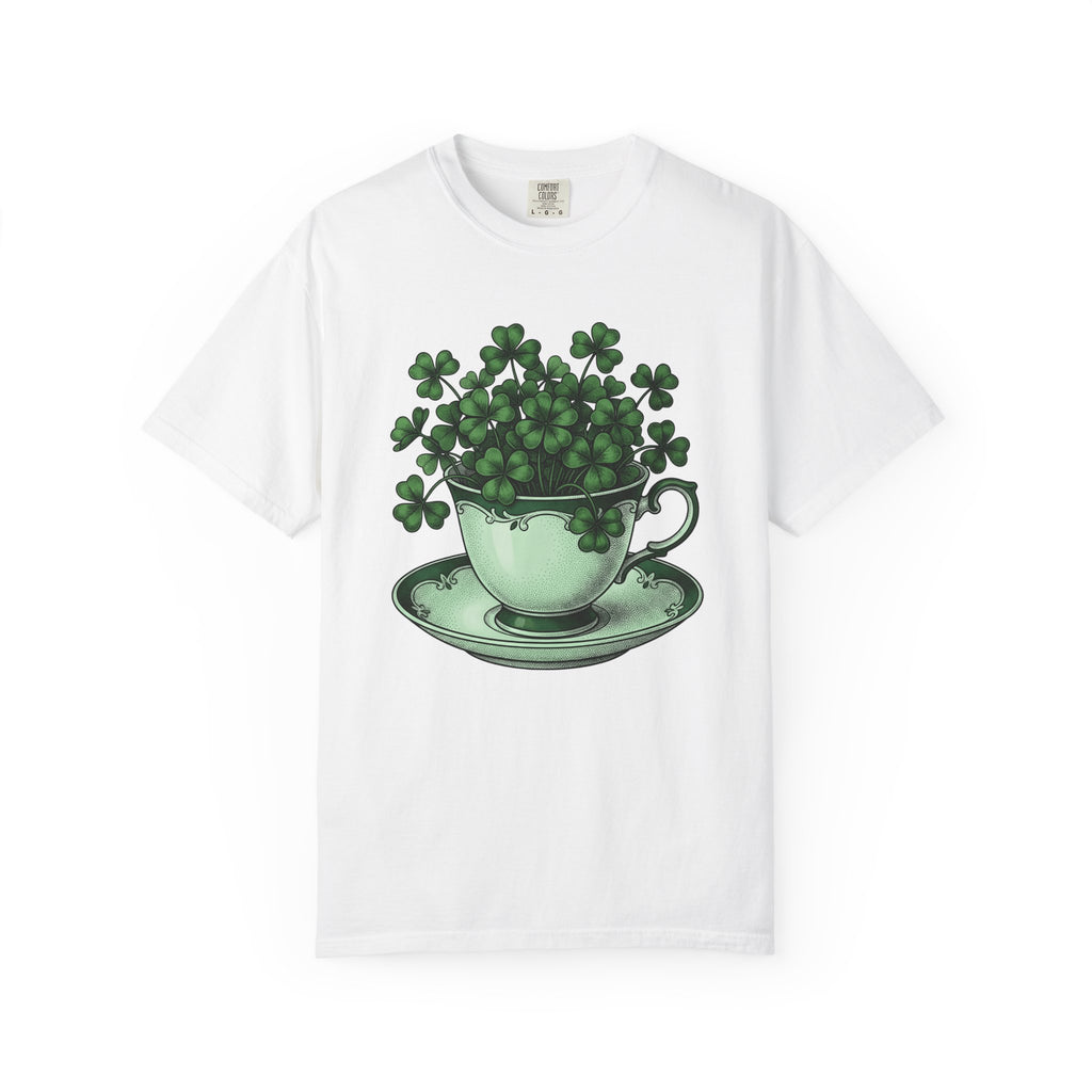Clover Tea Cup Shirt St Patrick's Day Flower Gift Women Retro Tee Teacup T-Shirt Shamrock Fan Vintage Tshirt Floral Graphic Sketch Plate