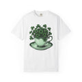 Clover Tea Cup Shirt St Patrick's Day Flower Gift Women Retro Tee Teacup T-Shirt Shamrock Fan Vintage Tshirt Floral Graphic Sketch Plate