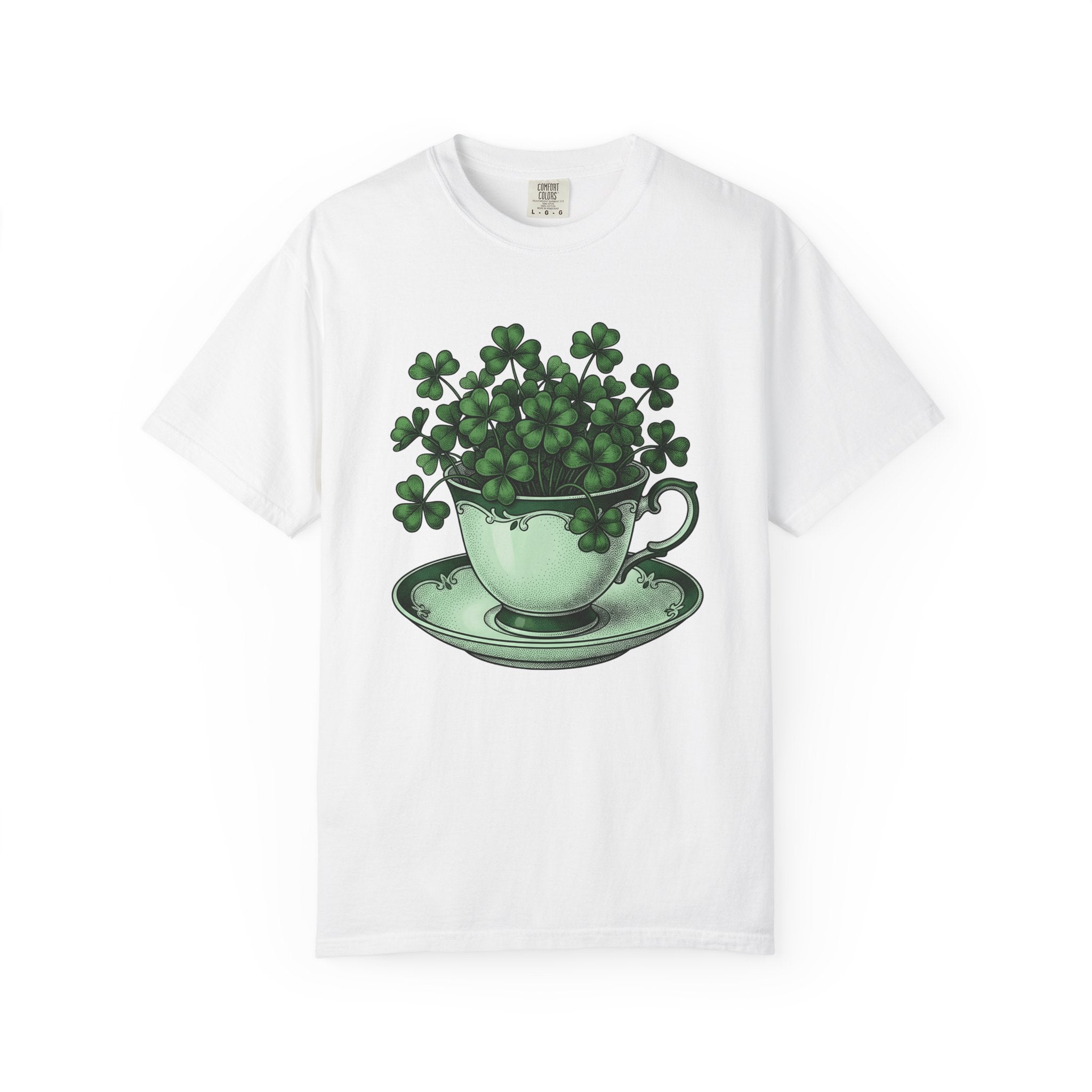 Clover Tea Cup Shirt St Patrick's Day Flower Gift Women Retro Tee Teacup T-Shirt Shamrock Fan Vintage Tshirt Floral Graphic Sketch Plate