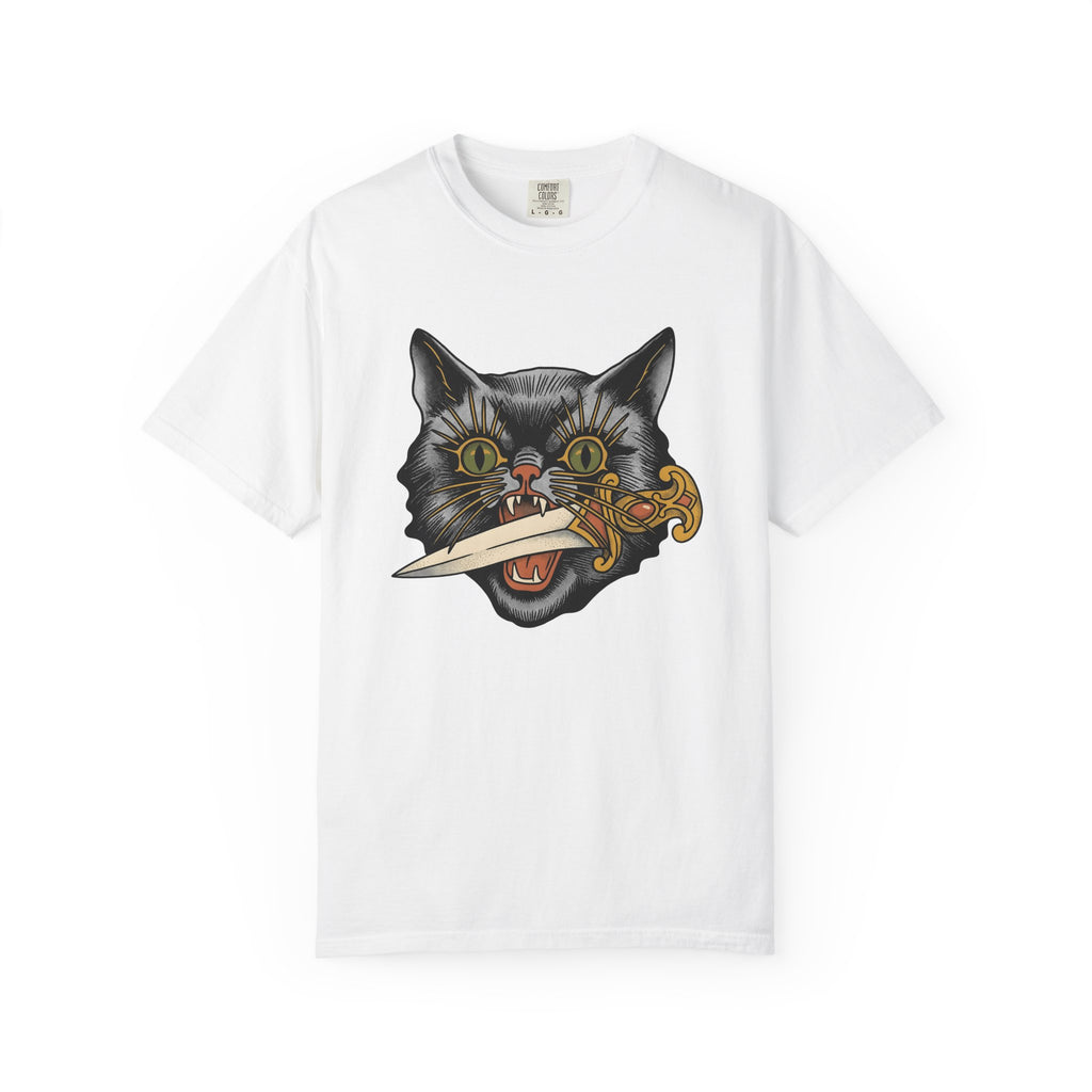 Black Kitty Shirt Cat Horror Gift Women Ink Tee Cat T-Shirt Cat Fan Tattoo Tshirt Scary Graphic Retro Knife Tshirt