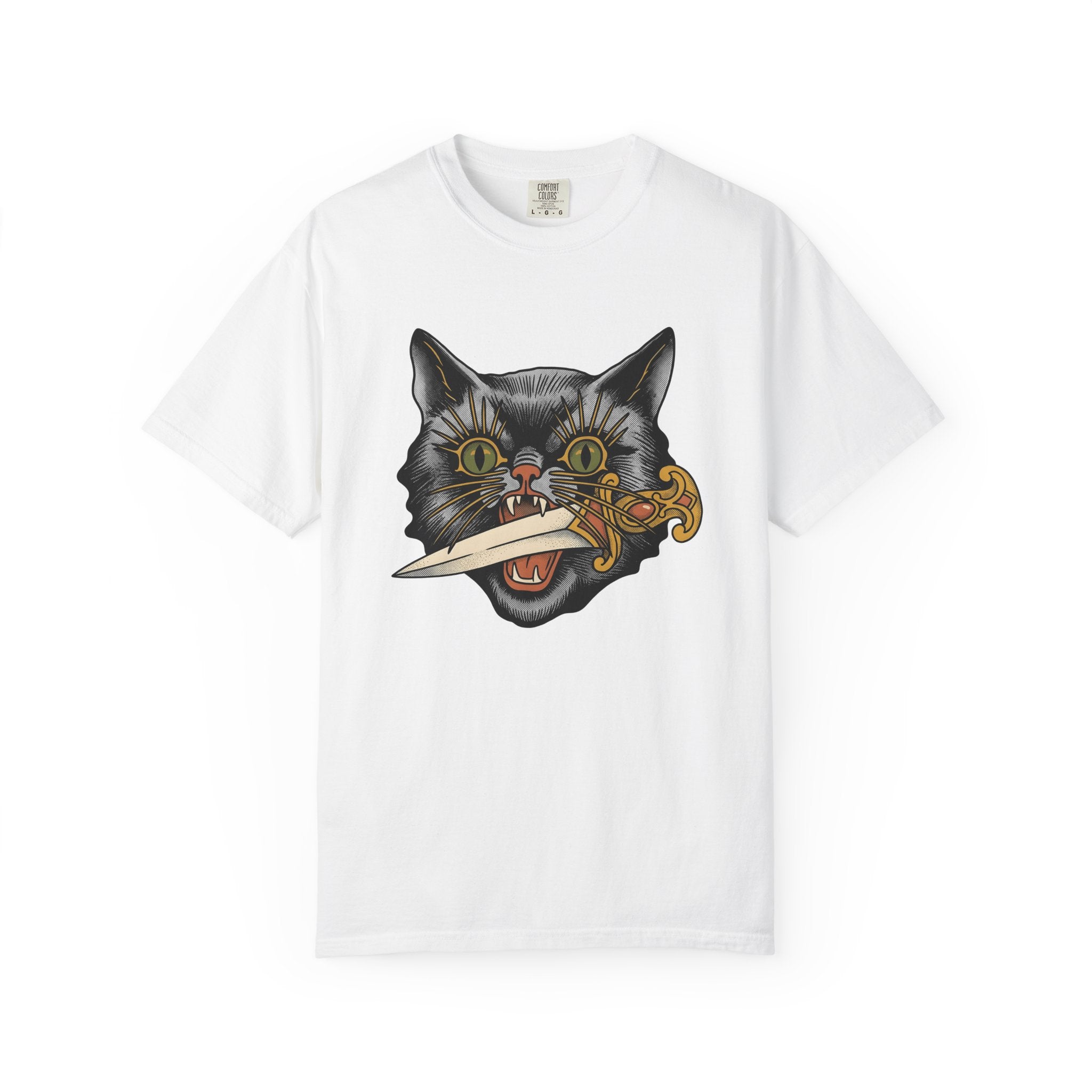 Black Kitty Shirt Cat Horror Gift Women Ink Tee Cat T-Shirt Cat Fan Tattoo Tshirt Scary Graphic Retro Knife Tshirt