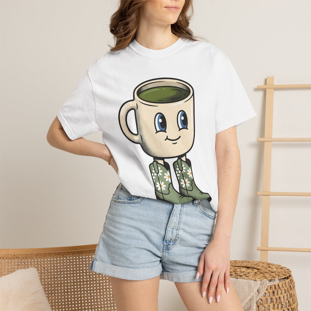Coffee Mug Mascot Shirt Coffee Cowgirl Gift Women Cute Tee Mascot T-Shirt Coffee Fan Kawaii Tshirt Rodeo Graphic Comic Western Boots Tshirt