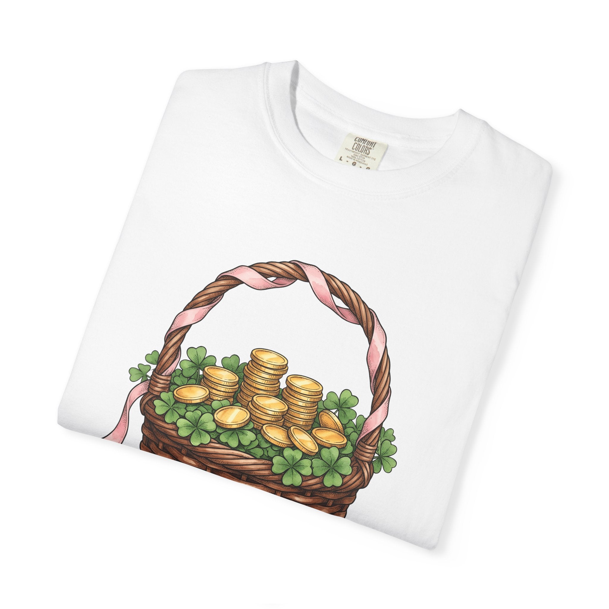 Gold Coin Basket Shirt St Patrick's Day Blessing Gift Women Line Art Tee Treasure Basket T-Shirt Luck Enthusiast Illustration Tshirt Divine
