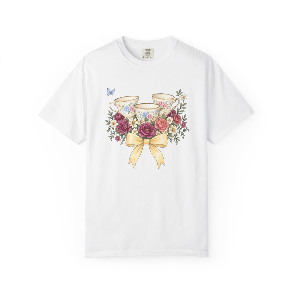 Flower Tea Cups Shirt Easter Blossoms Gift Women Paint Tee Teacup T-Shirt Spring Fan Artistic Tshirt Floral Graphic Retro Ribbon Tshirt