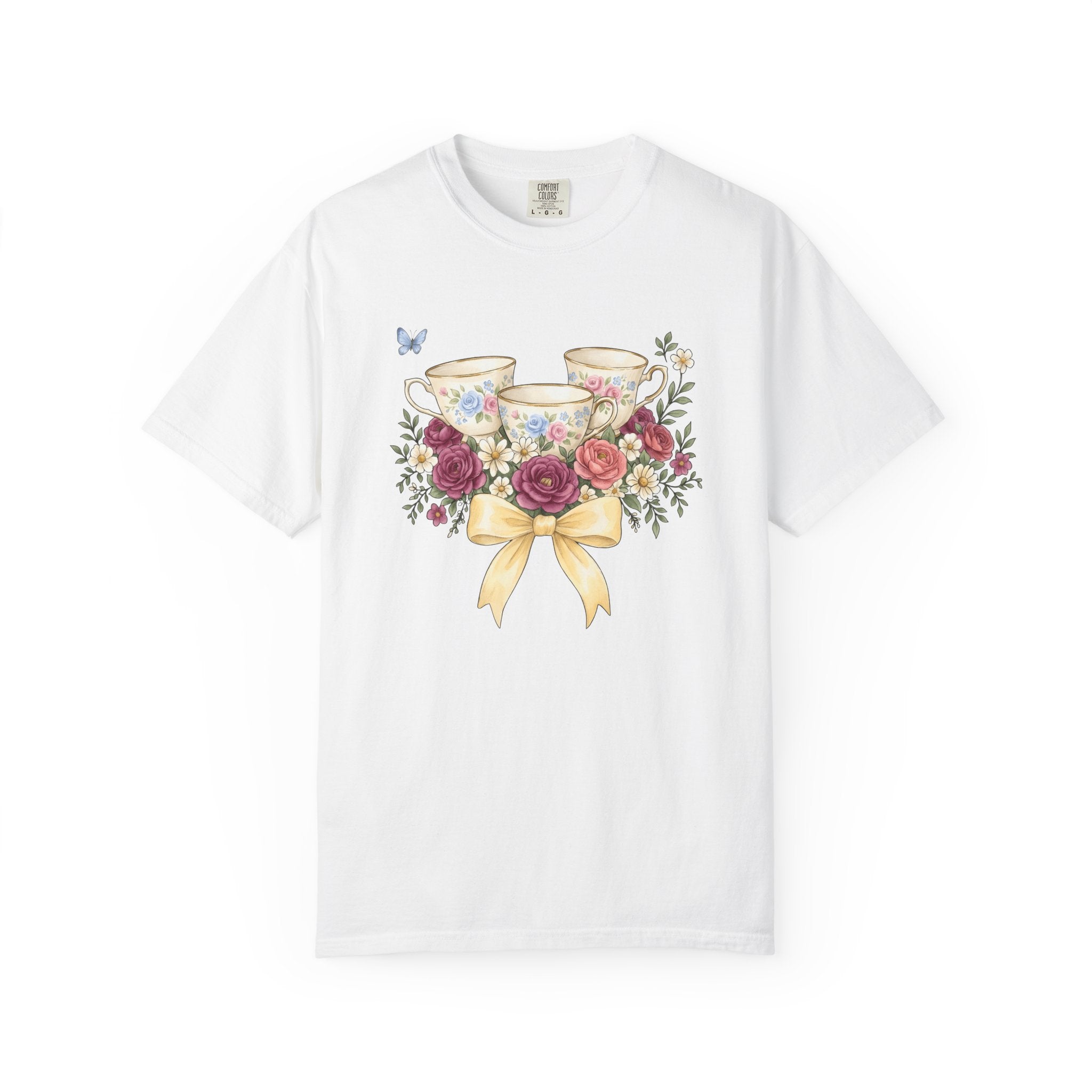 Flower Tea Cups Shirt Easter Blossoms Gift Women Paint Tee Teacup T-Shirt Spring Fan Artistic Tshirt Floral Graphic Retro Ribbon Tshirt