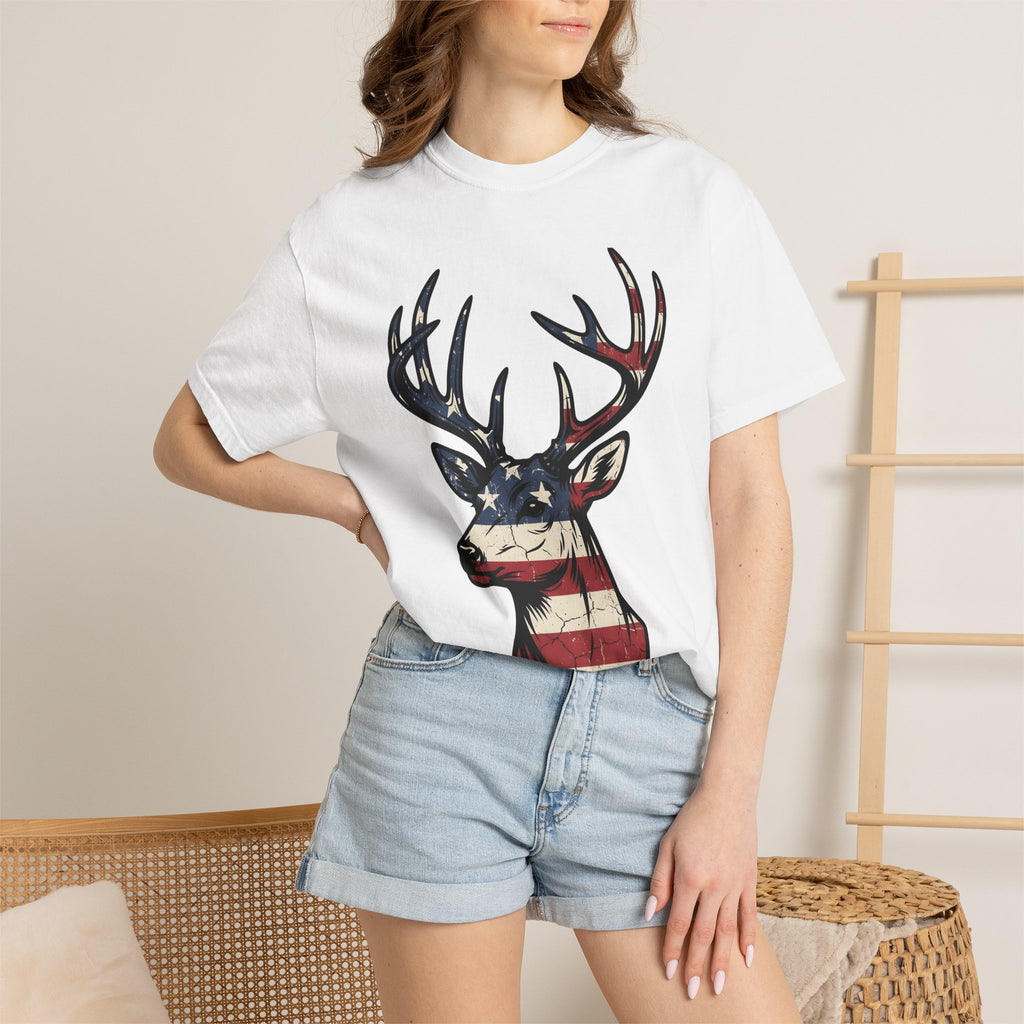 Deer Head Shirt America Outdoors Gift Women Patriotic Tee Buck T-Shirt American Enthusiast Star Spangled Tshirt Wilderness Graphic Vintage