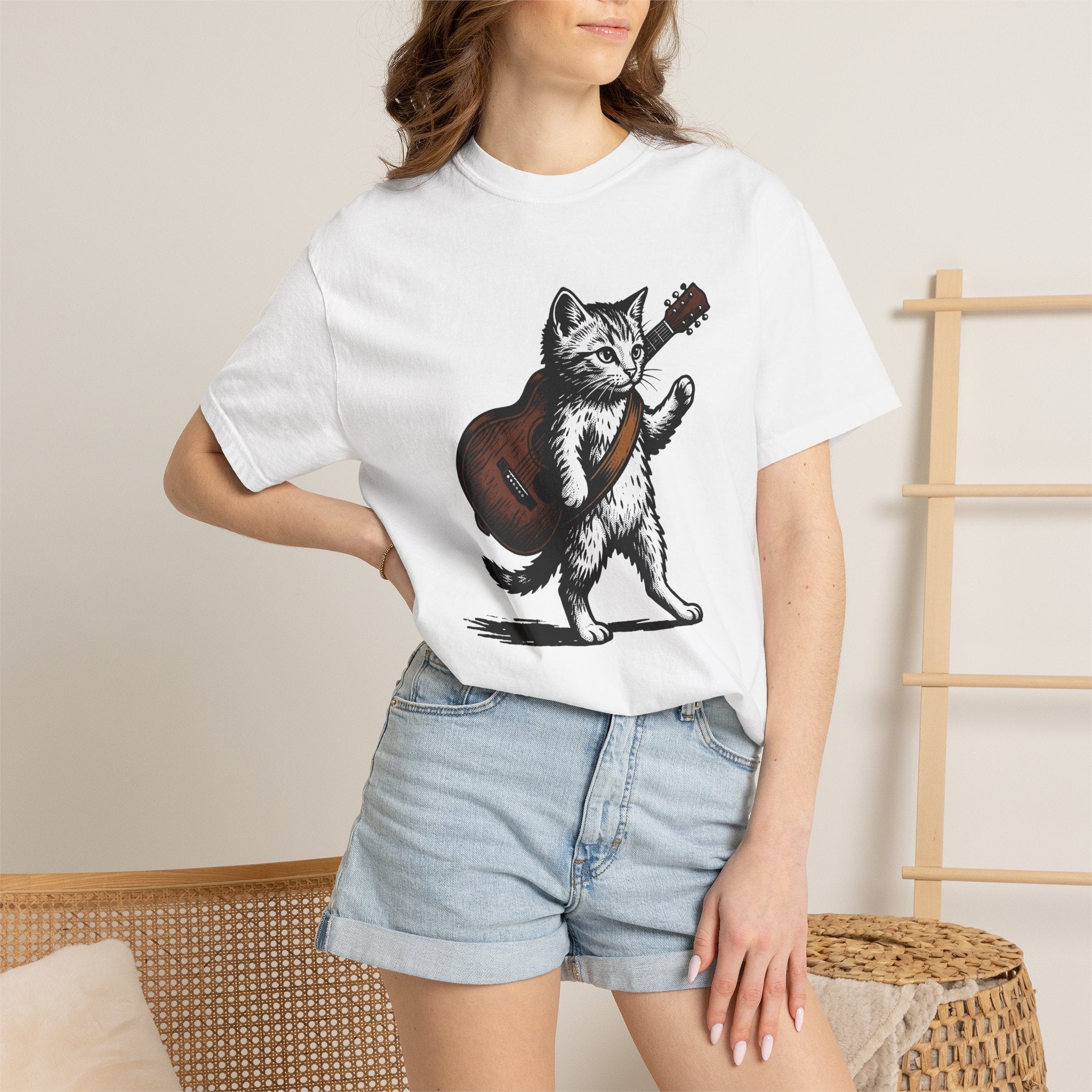 Feline Guitar Shirt Cat Sound Gift Women Classic Tee Cat Guitar T-Shirt Cat Fan Feline Art Tshirt Audio Graphic Line Art Acoustic Tshirt