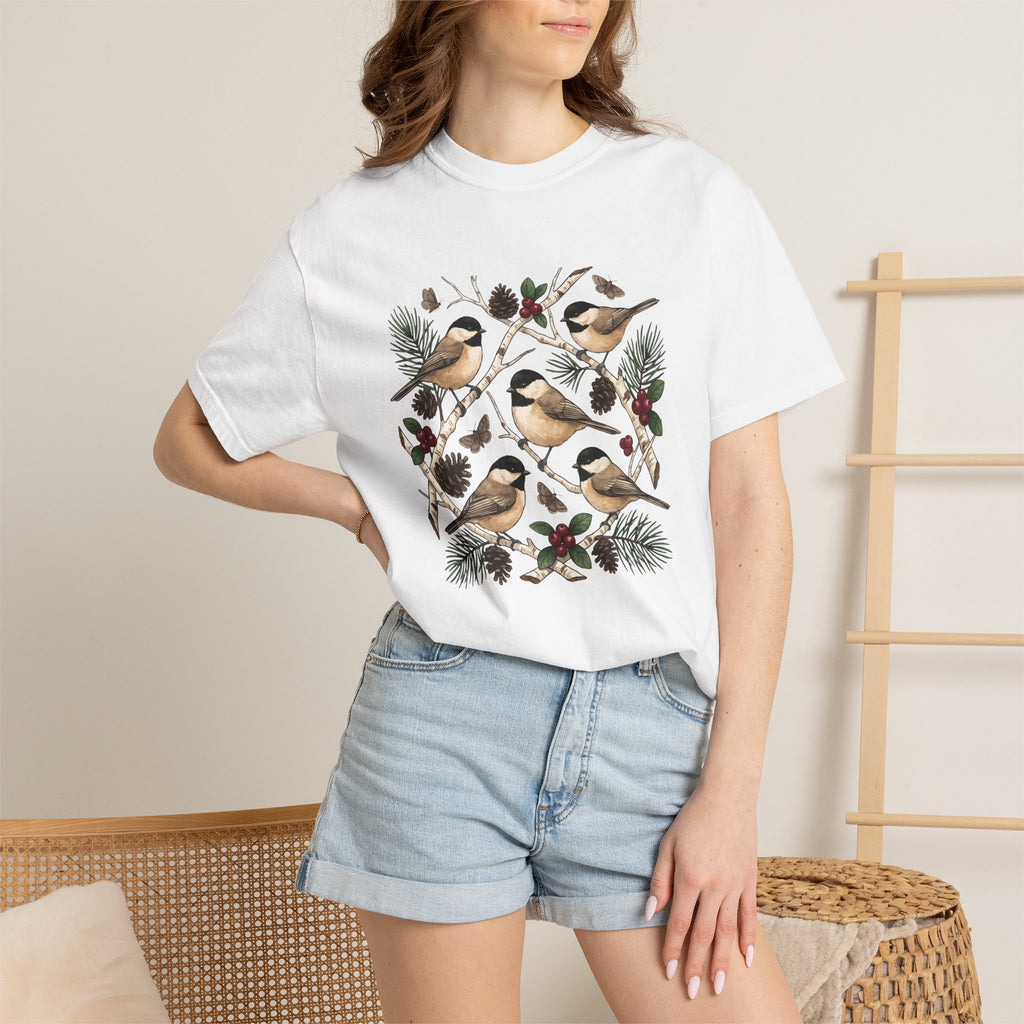 Chickadee Bird Shirt Animals & Flowers Outdoors Gift Women Herbaceous Tee Titmouse T-Shirt Wildlife Enthusiast Botanical Tshirt Nature