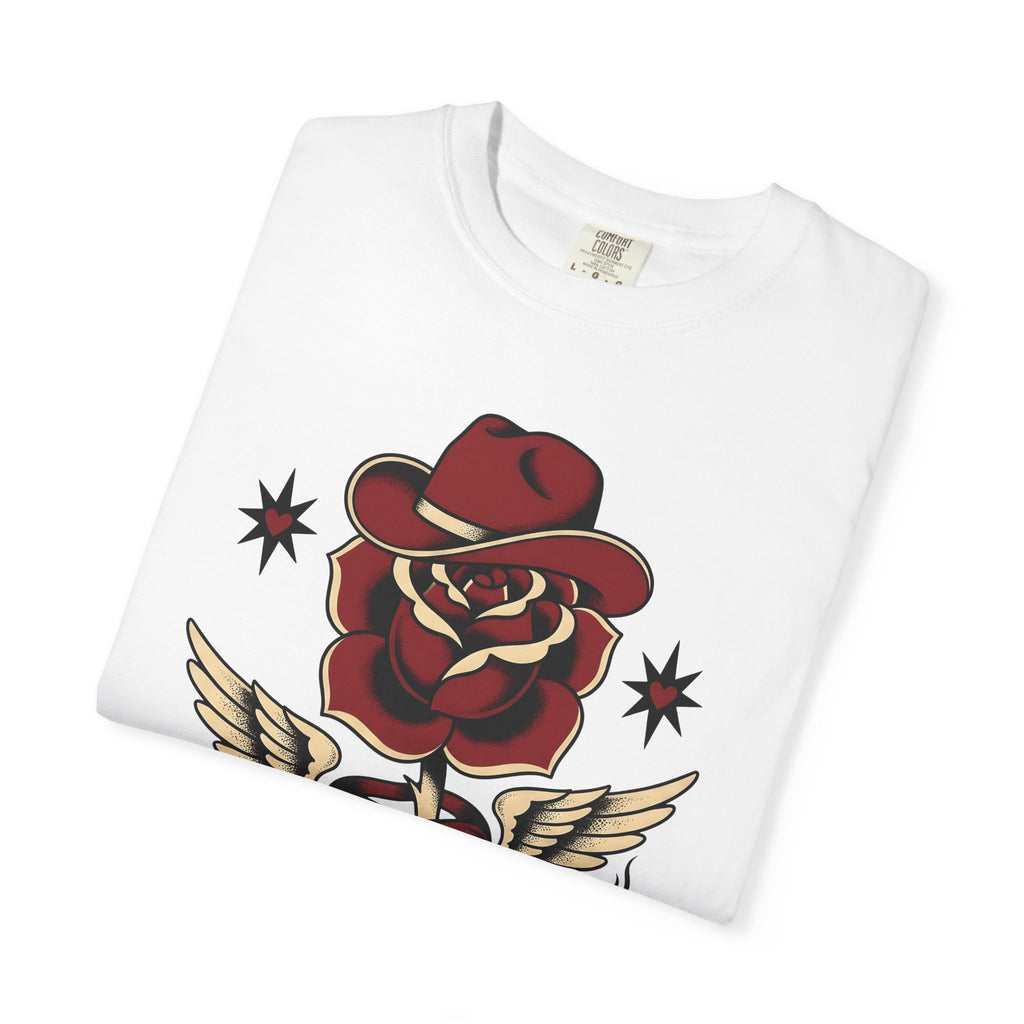 Rose Cowboy Hat Shirt Western Floral Gift Women Tattoo Tee Cowboy Hat T-Shirt Rodeo Fan Tattooed Tshirt Flower Graphic Vintage Wings Tshirt