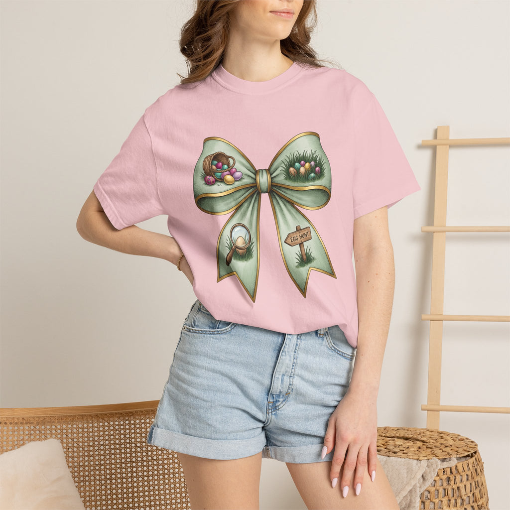 Easter Bow Shirt Easter Spring Gift Women Hand Drawn Tee Easter Bunny T-Shirt Easter Fan Easter Art Tshirt Spring Design Vintage Egg Basket