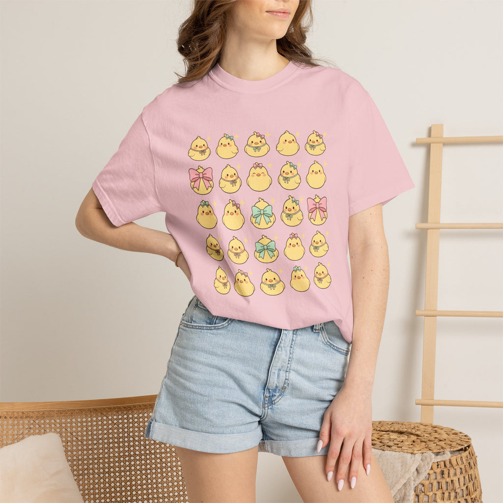 Baby Chick Drawing Shirt Easter Darling Gift Women Playful Tee Chick T-Shirt Easter Fan Cute Tshirt Sweet Graphic Illustrated Pale Bow