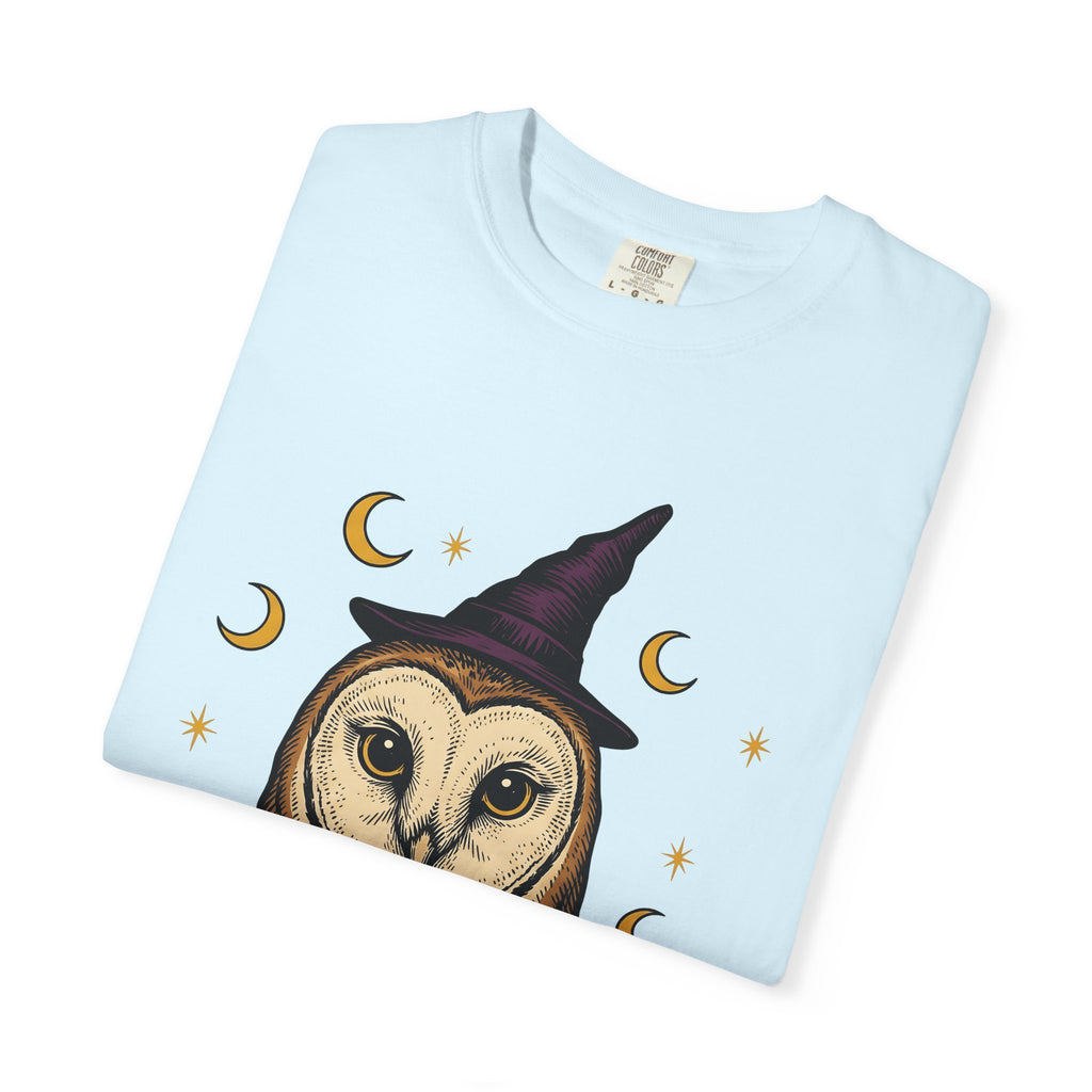 Owl Wizard Hat Shirt Halloween Wildlife Gift Women Sketch Tee Wizard Hat T-Shirt Horror Fan Drawing Graphic Retro Moon Phases Tshirt