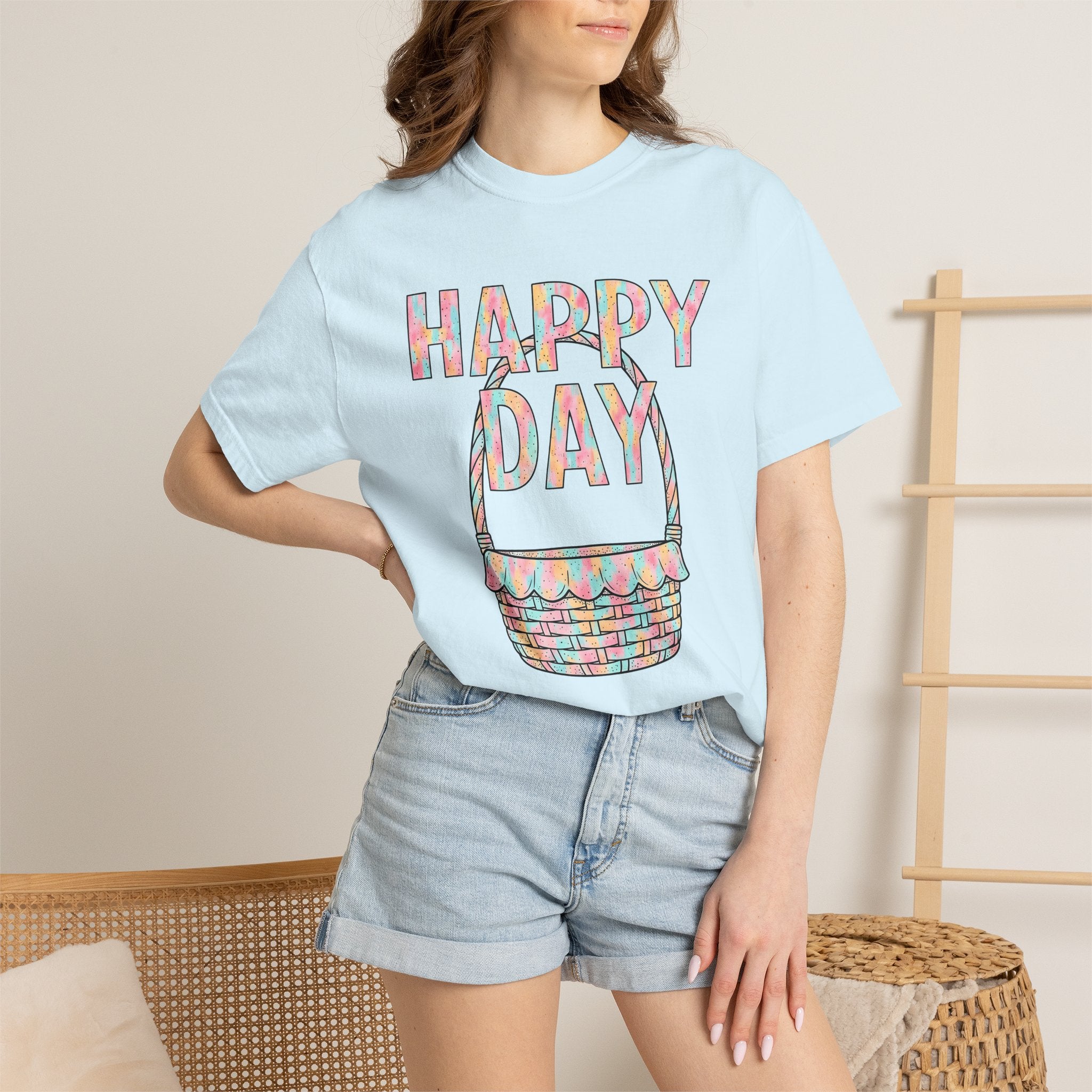Easter Basket Shirt Easter Festivity Gift Women Muted Tones Tee Easter Hamper T-Shirt Easter Fan Pastel Tshirt Celebration Graphic Line Art