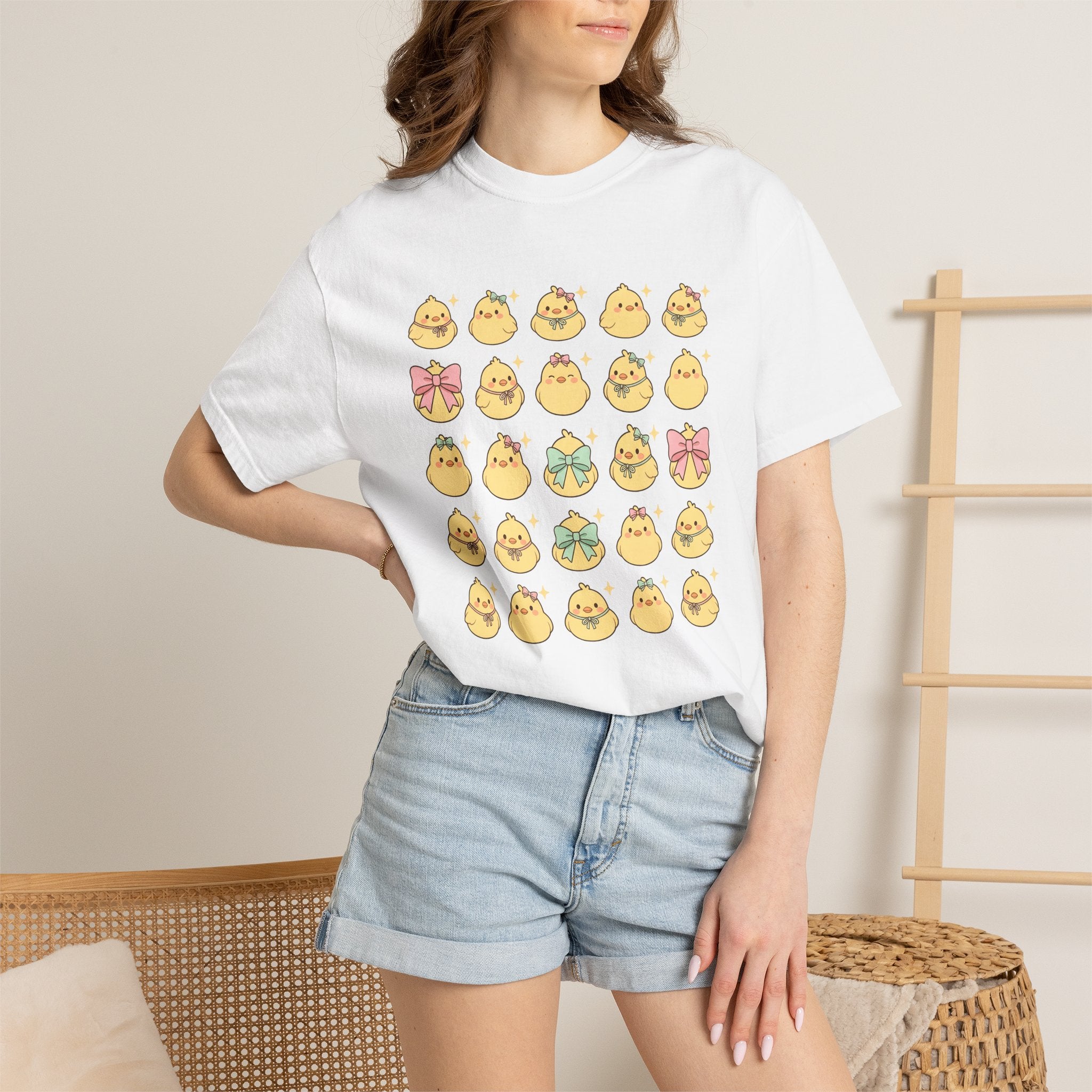 Baby Chick Drawing Shirt Easter Darling Gift Women Playful Tee Chick T-Shirt Easter Fan Cute Tshirt Sweet Graphic Illustrated Pale Bow